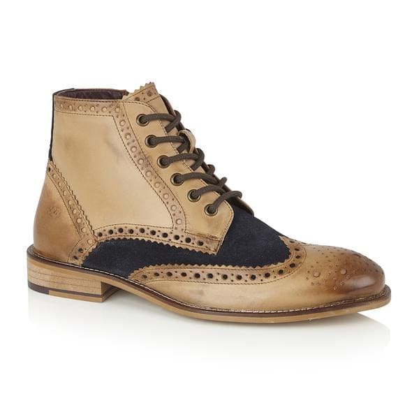 London Brogue Gatsby Tan/Navy Men's Dress Boots - Classic Wingtip Oxford Style for Formal Wear & Business Attire - Perfect for Weddings, Office & Special Occasions