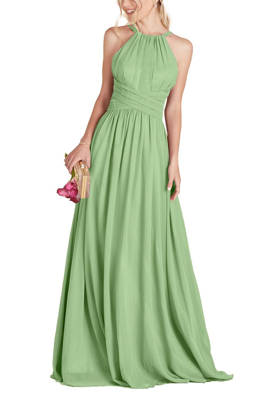 PrettyTatum Women's Halter Bridesmaid Dresses Long Formal Prom Gown A-Line Pleated Chiffon Skirt - Elegant Wedding Party, Evening Gala & Special Occasion Attire