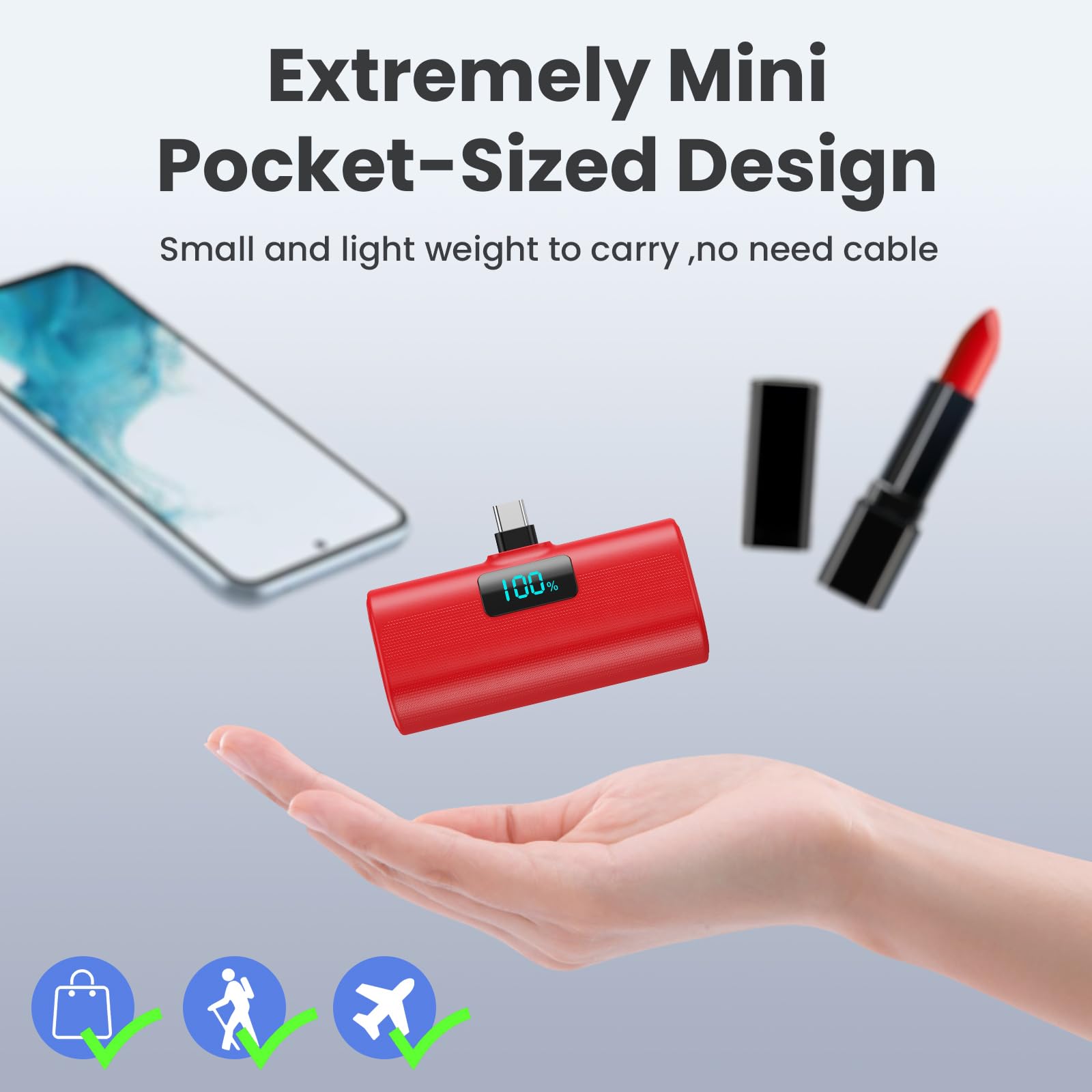 5200mAh Portable Charger with PD & USB-C - Fast Charging Power Bank for iPhone 15 Series, iPad Pro, Samsung & Android Phones - Compact LCD Display Battery Pack (Red) - Perfect for Travel, Camping & Emergency Power Backup