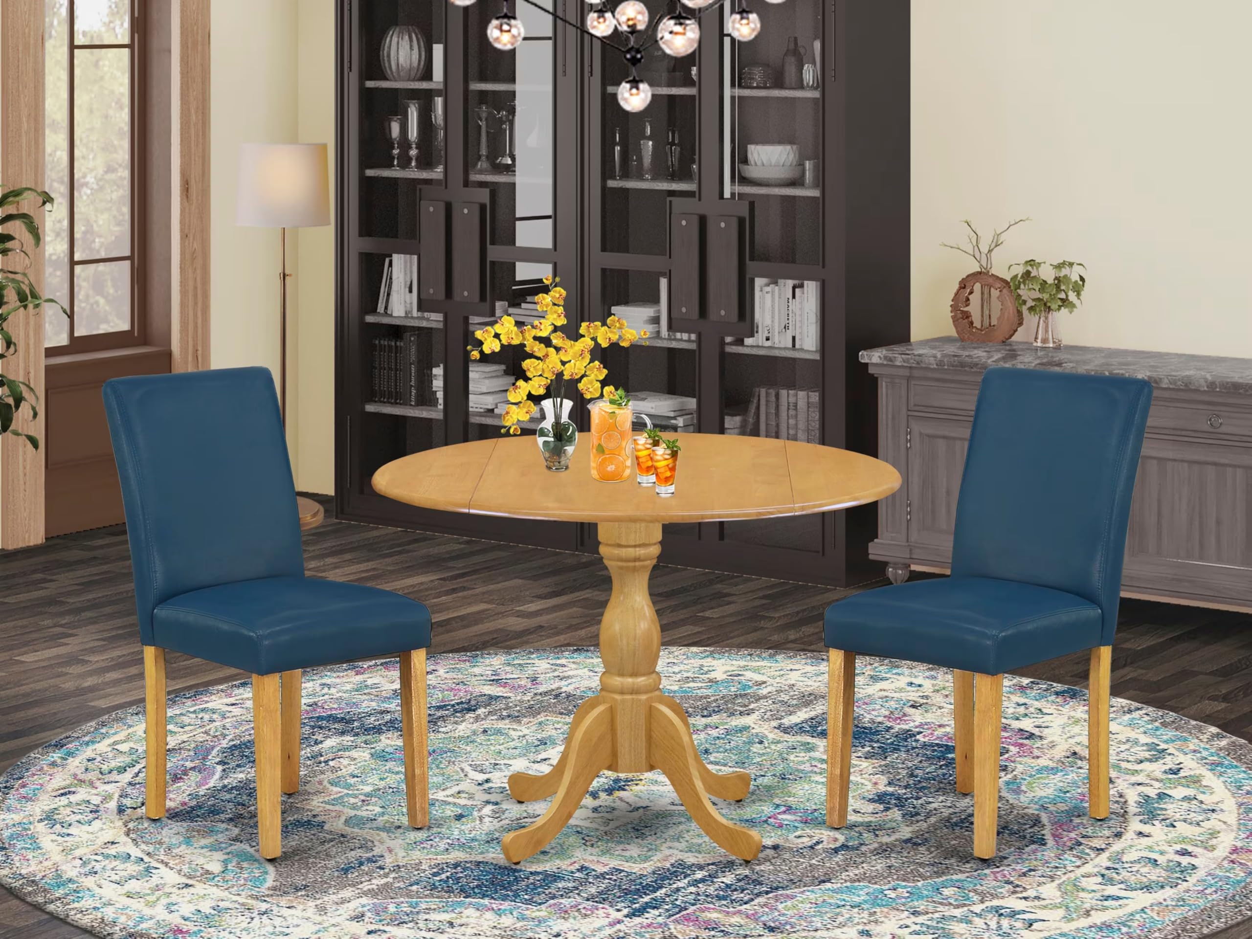 East West Furniture 3 Piece Dining Table Set with Dropleaf - 42x42 Inch Round Oak Table & 2 Oasis Blue Faux Leather Parsons Chairs | Perfect for Small Spaces, Breakfast Nooks & Cozy Dining Rooms