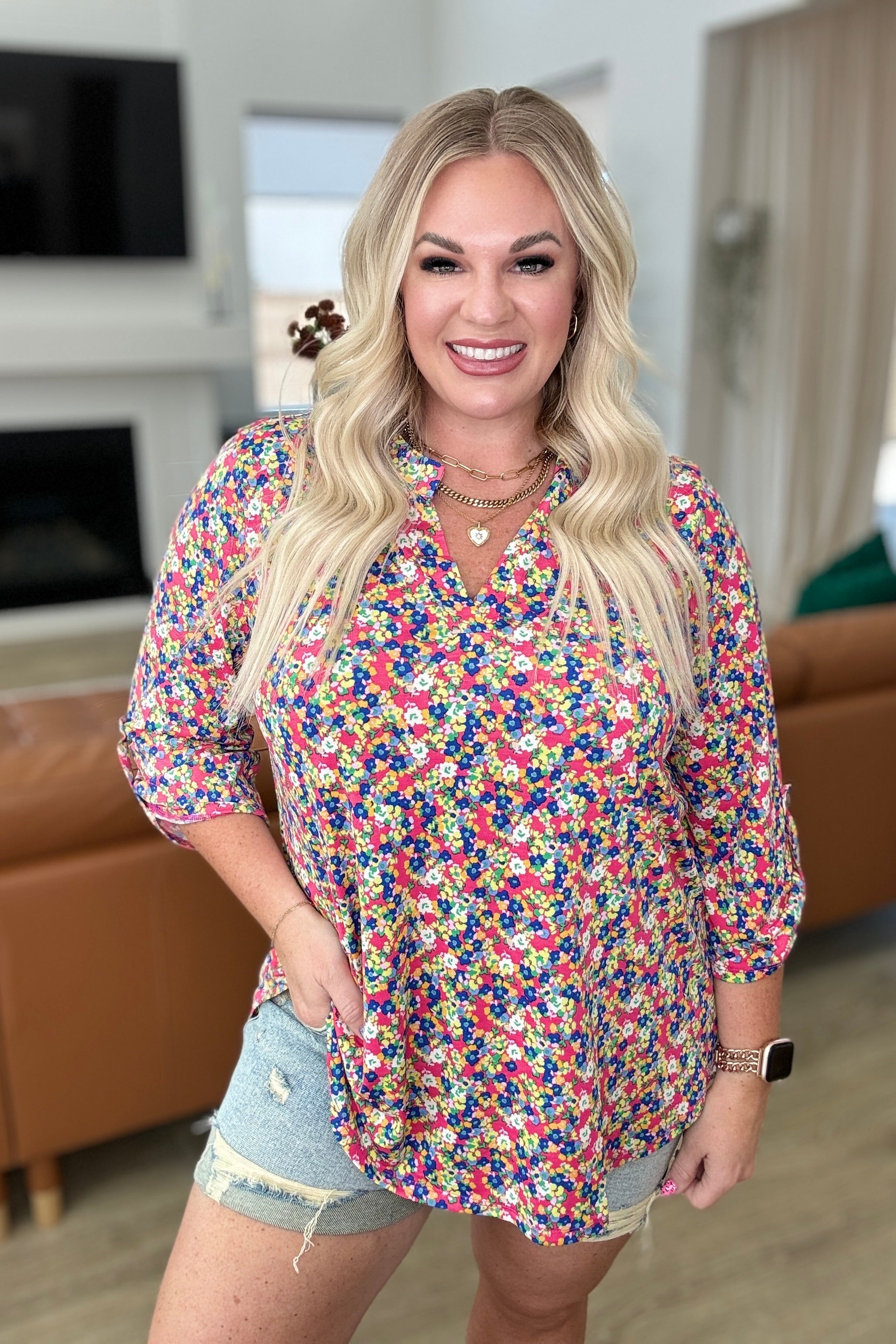 Lizzy Women's Coral Ditsy Floral Print Top - Casual Summer Blouse for Outfits, Dates & Beach Wear