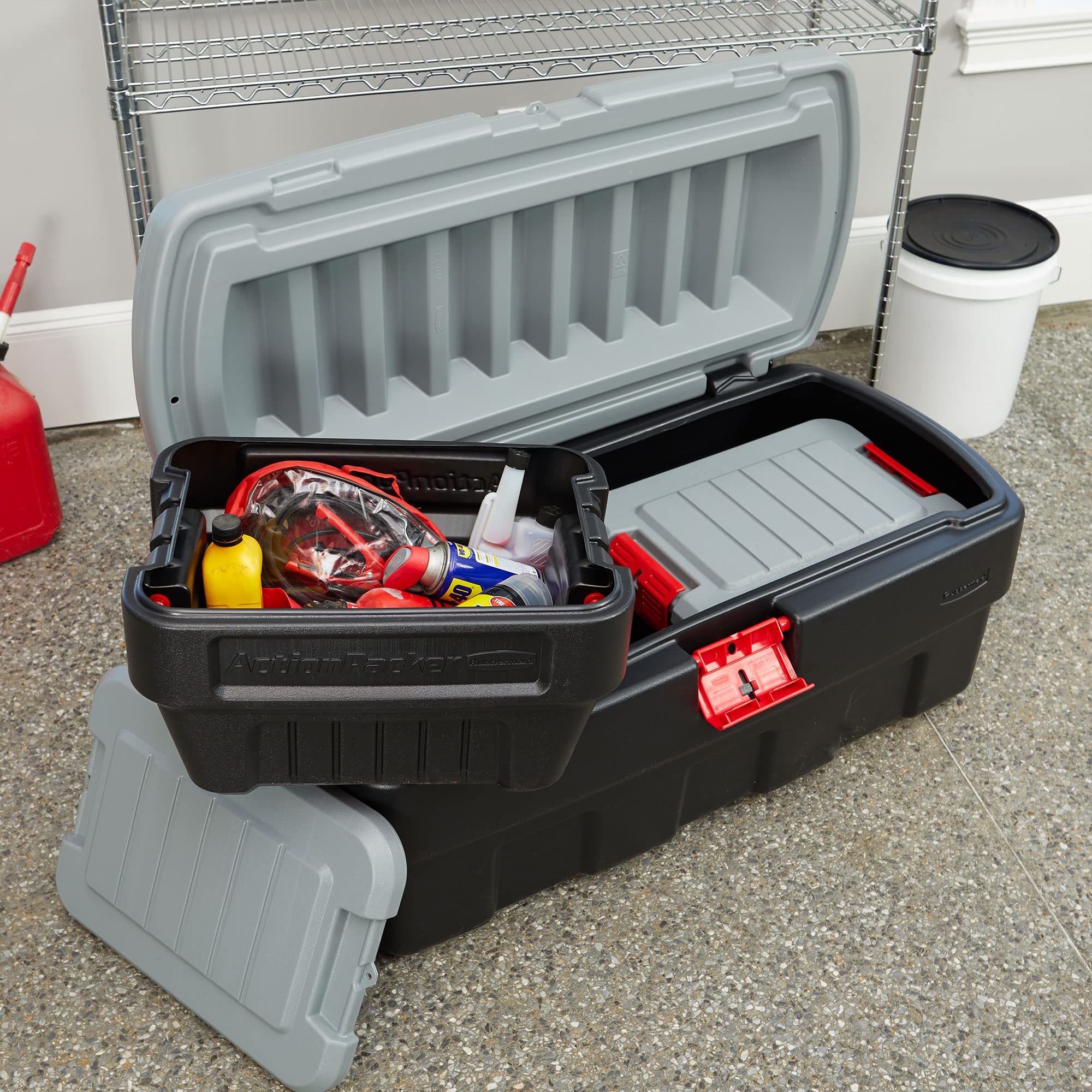 Rubbermaid ActionPacker 48 Gallon Lockable Storage Bin with 8 Gallon Nested Containers - Heavy Duty Industrial Storage Solution for Garage, Workshop & Outdoor Gear Organization