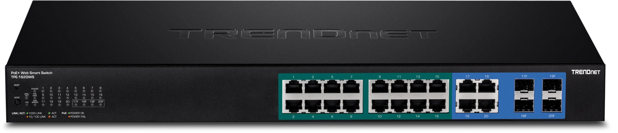 TRENDnet TPE-1620WS 16-Port Gigabit PoE+ Web Smart Switch with 2 SFP Slots, 30W per Port & 185W Power Budget - Rack Mountable Network Switch for Office, Home & Business Networking