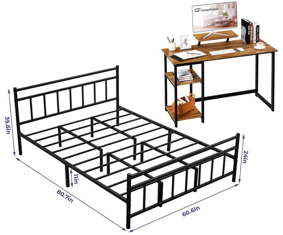 GreenForest Black Queen Bed Frame with Headboard & 47-inch Home Office Desk - Metal Platform Bed with Computer Desk & Monitor Shelf, Easy Assembly, Walnut Finish | Perfect for Small Spaces & Modern Bedroom Office Setup