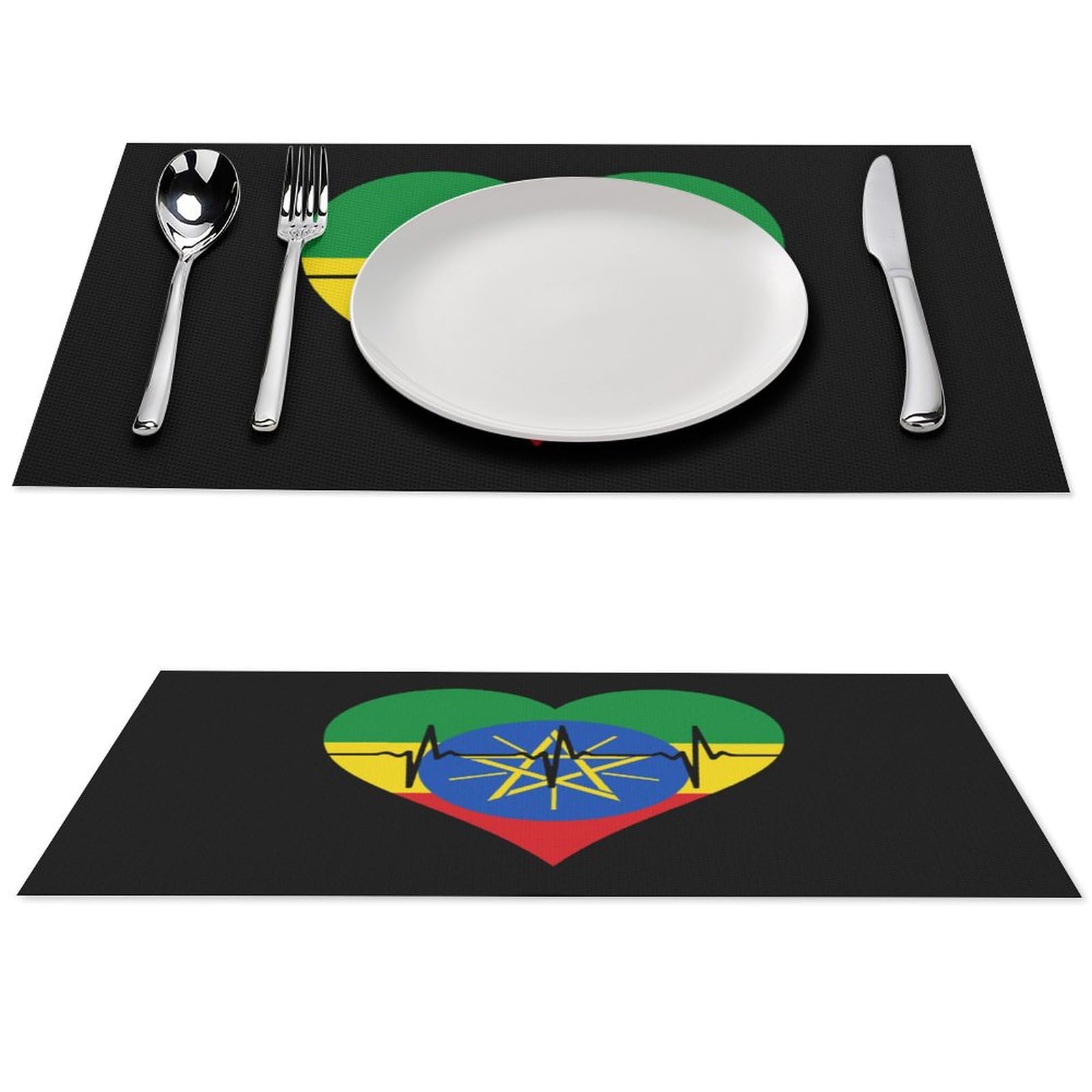 Ethiopia Heartbeat Design PVC Placemats - Set of 2 Durable & Washable Table Mats for Kitchen, Dining, Party Decor | Perfect for Home, Restaurants & Special Events