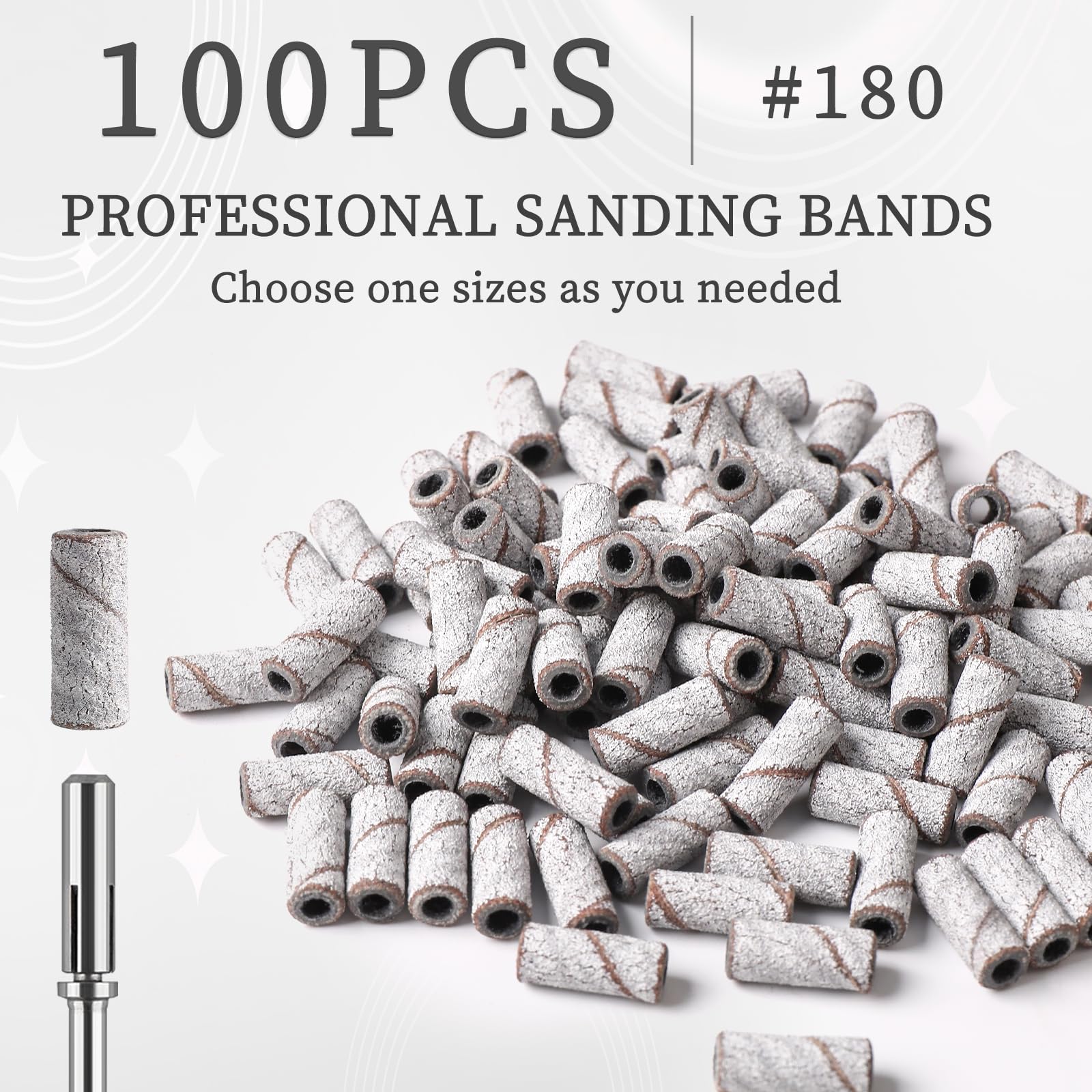 BQAN 100pcs 180 Fine Grit Nail Sanding Bands for Drill - Small Sanding Bands for Acrylic Nails & Gel Manicure with 2pcs 3.1mm Mandrel Drill Bits | Perfect for Nail Salons, Home Manicures & Professional Nail Art