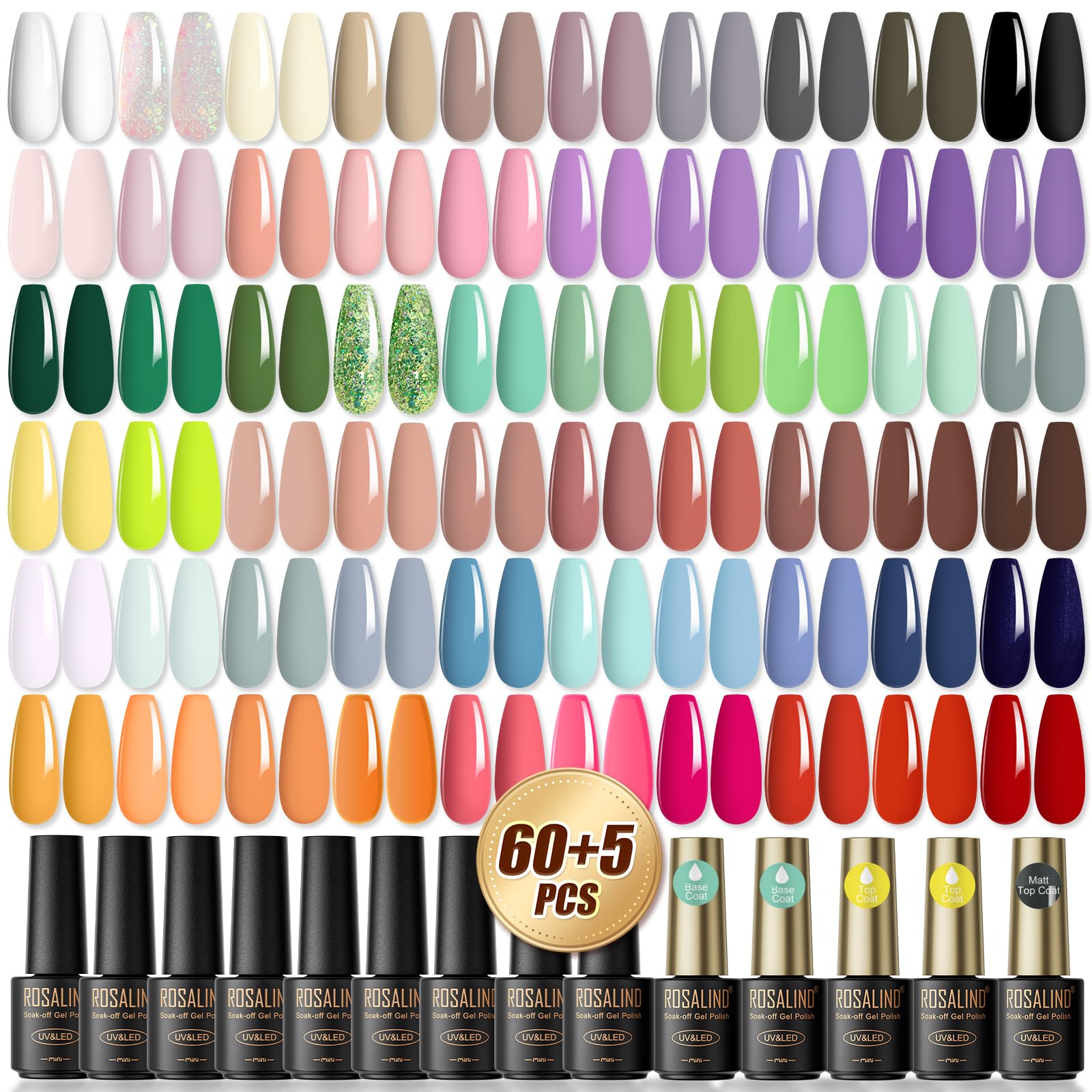 ROSALIND 65 PCS Gel Nail Polish Kit - Base Coat, Matte & Glossy Top Coat, All Seasons Nail Art Set for DIY Manicure at Home | Perfect for Beginners, Salon-Quality Nails, Gift Ideas & Party Glam