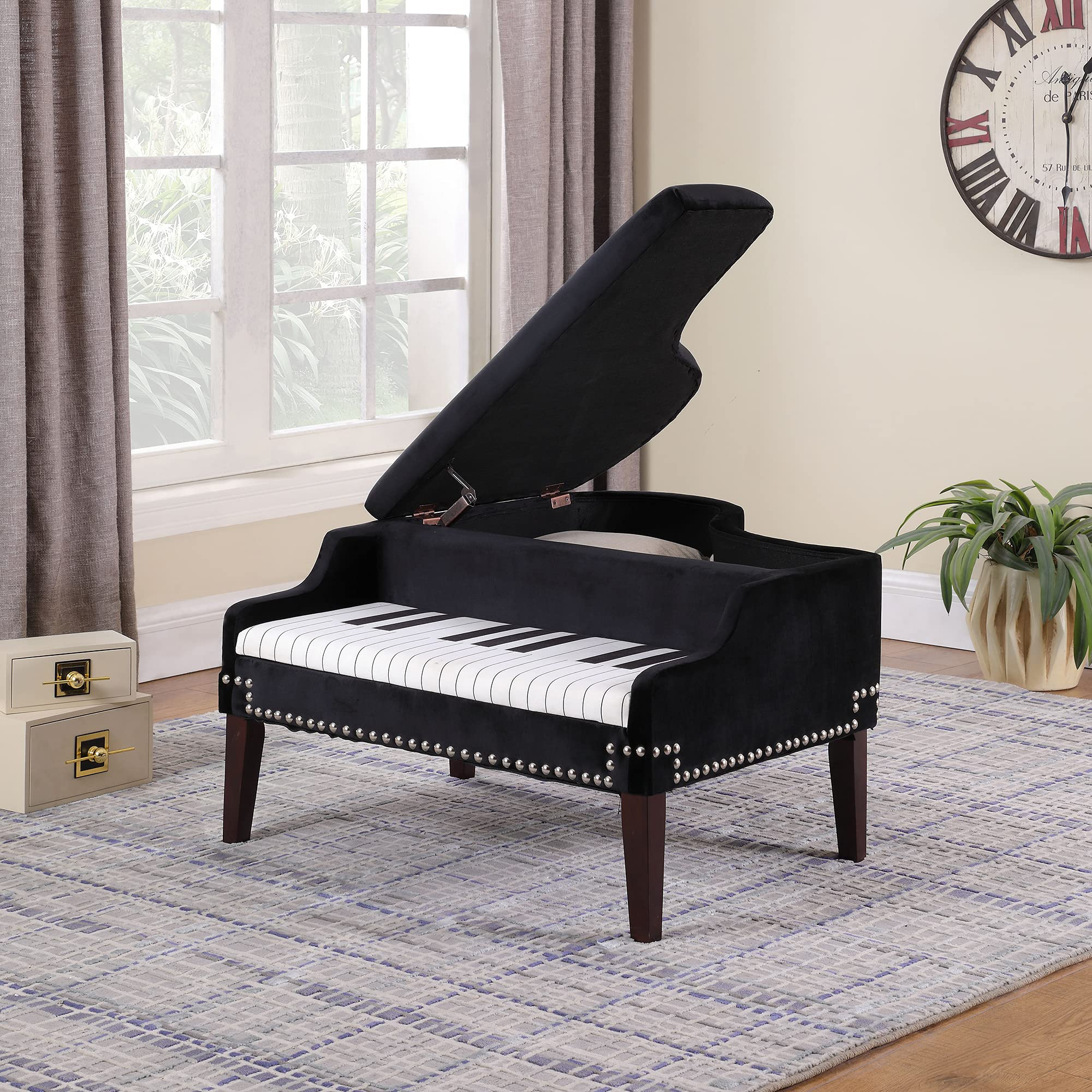 ORE International 21-Inch Navy Blue Piano Storage Ottoman with Silver Nailheads - Perfect for Living Room, Bedroom & Home Office Organization
