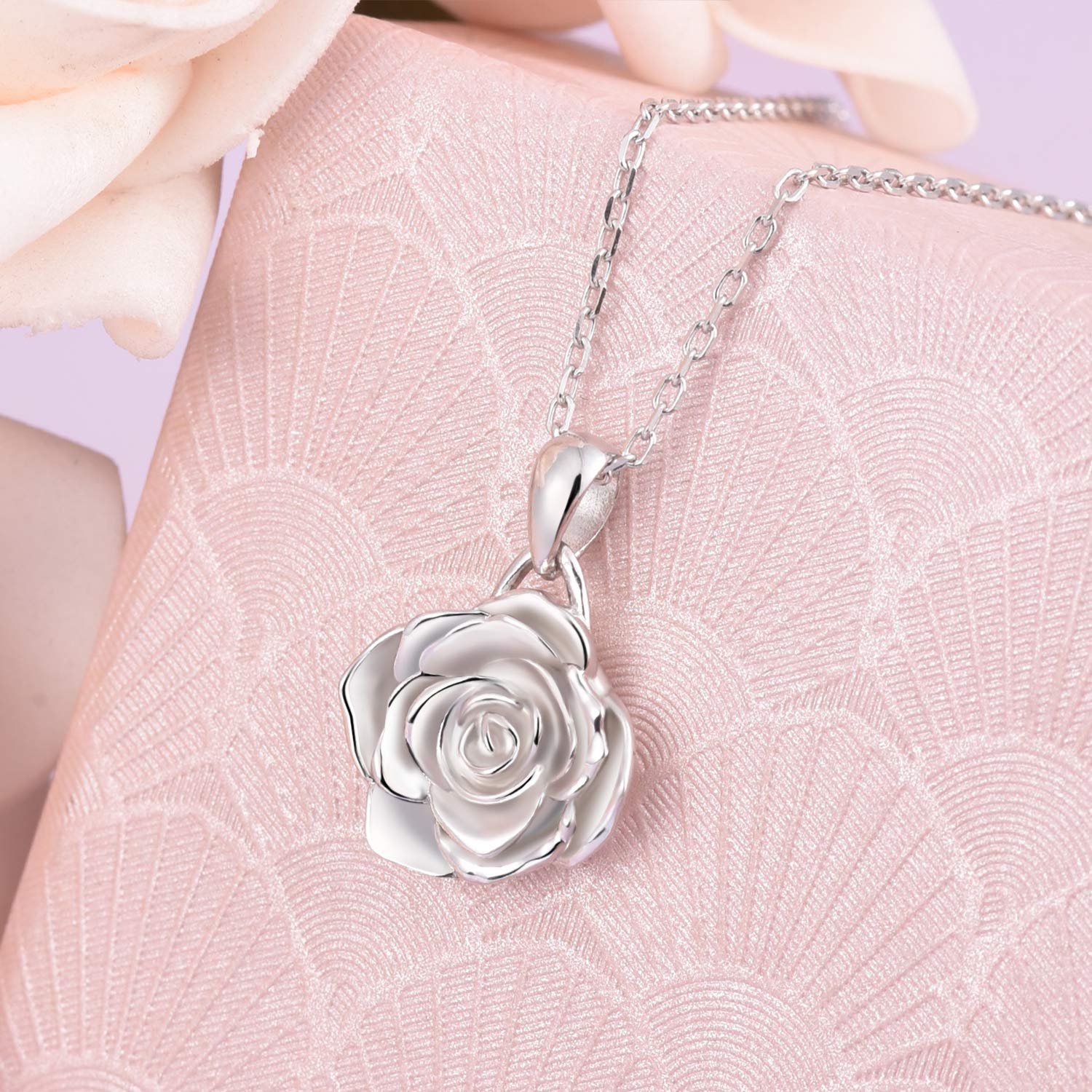 BEILIN 925 Sterling Silver Rose Flower Pendant Necklace for Women - Elegant Rose Jewelry Gift for Anniversary, Valentine's Day & Special Occasions