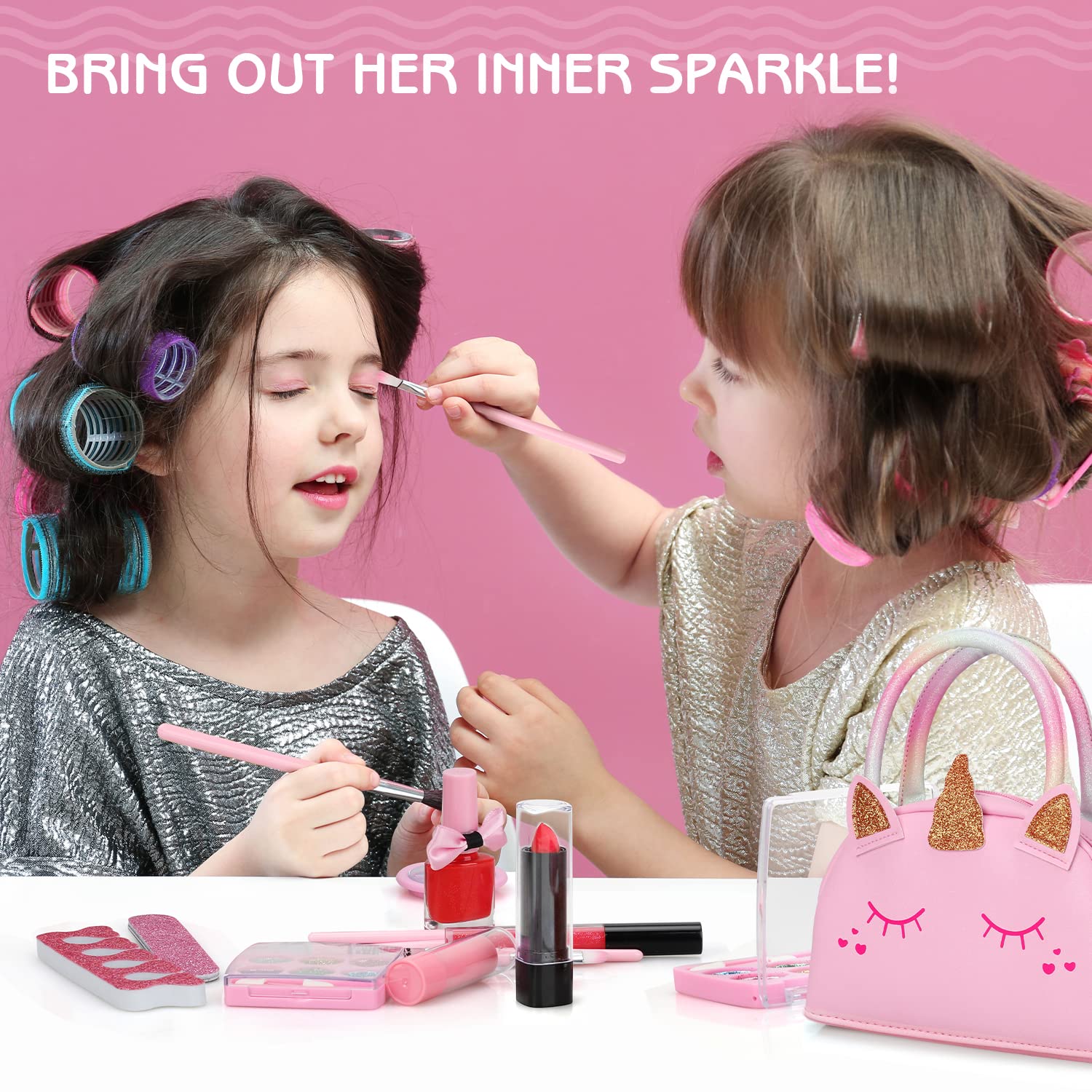 TOY Life Kids Real Make Up Kit for Girls - Washable & Non-Toxic Cosmetic Set with Pink Unicorn Bag - Pretend Play Dress Up Toys for Toddlers Ages 3-12 - Perfect for Birthday Gifts, Role Play & Dress Up Parties