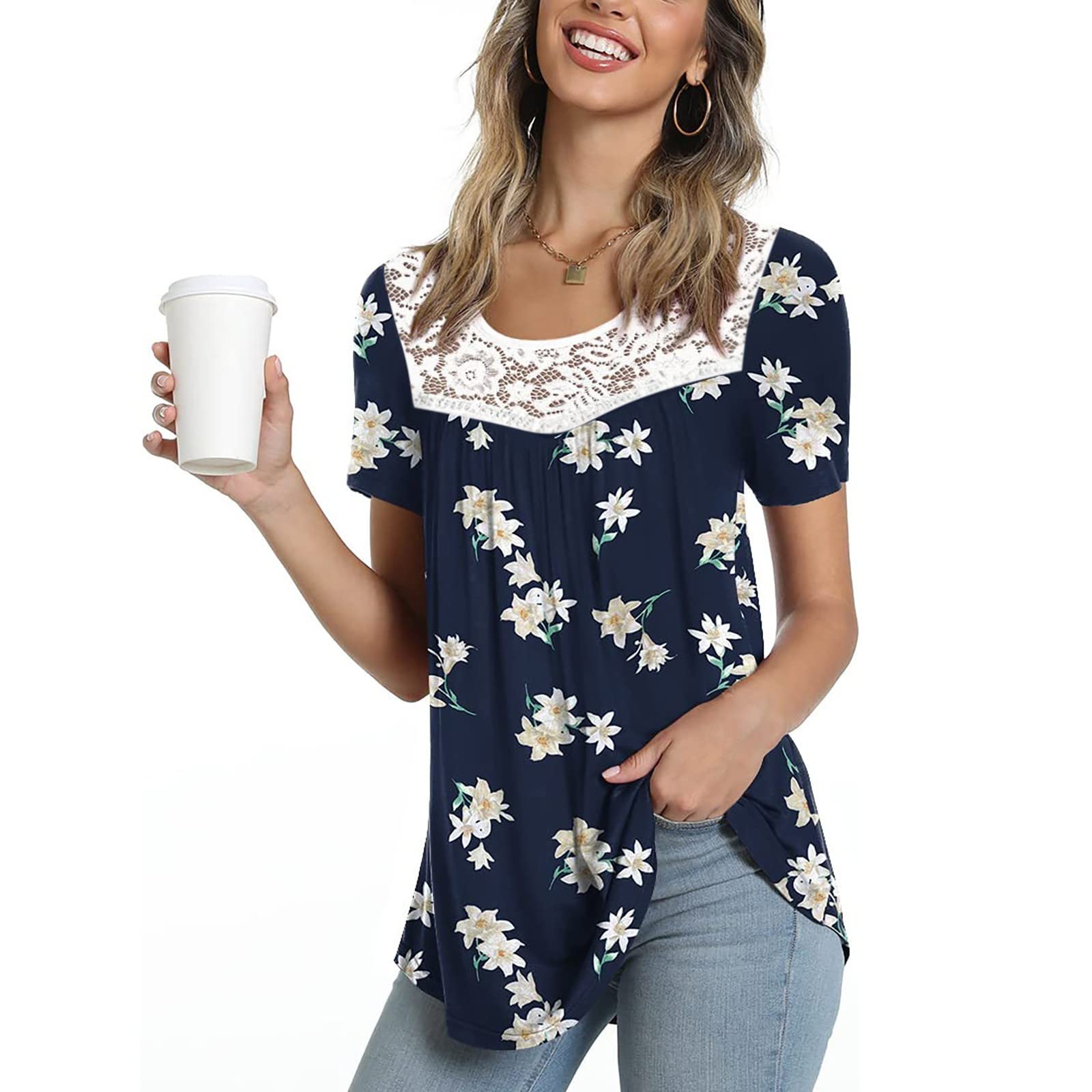 Women's Floral Lace Tunic Tops - Summer Casual Short Sleeve Blouse for Outings