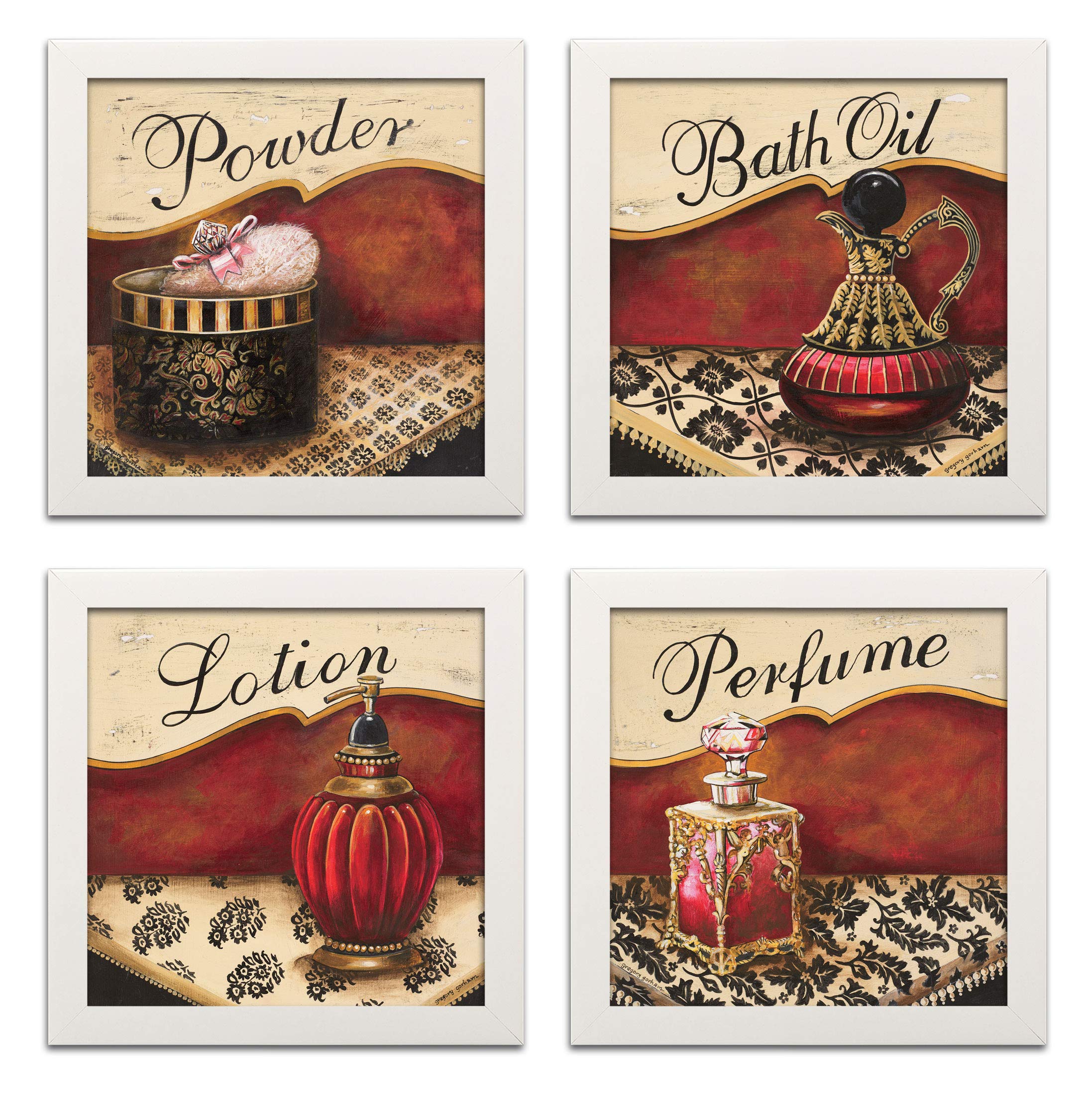 Vintage Red and Gold Perfume Bath Oil Lotion Powder Signs - Set of 4 Distressed 12x12in White Framed Prints - Perfect for Bathroom Decor, Vintage Apothecary Style, and Home Wall Art Collection