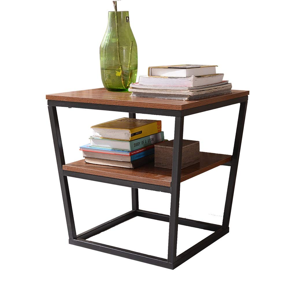 Industrial Square Coffee Table with Corner Shelves - Dark Cherry Finish for Living Room, Office & Dorm | Rustic Side Table, End Table & Accent Table for Modern Home Decor