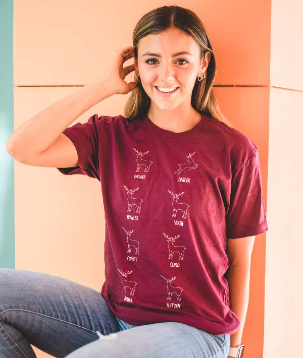 Leaping Reindeer Graphic T-Shirt for Men & Women - Soft Cotton Christmas Holiday Tee - Perfect for Xmas Parties, Gifts & Festive Outfits