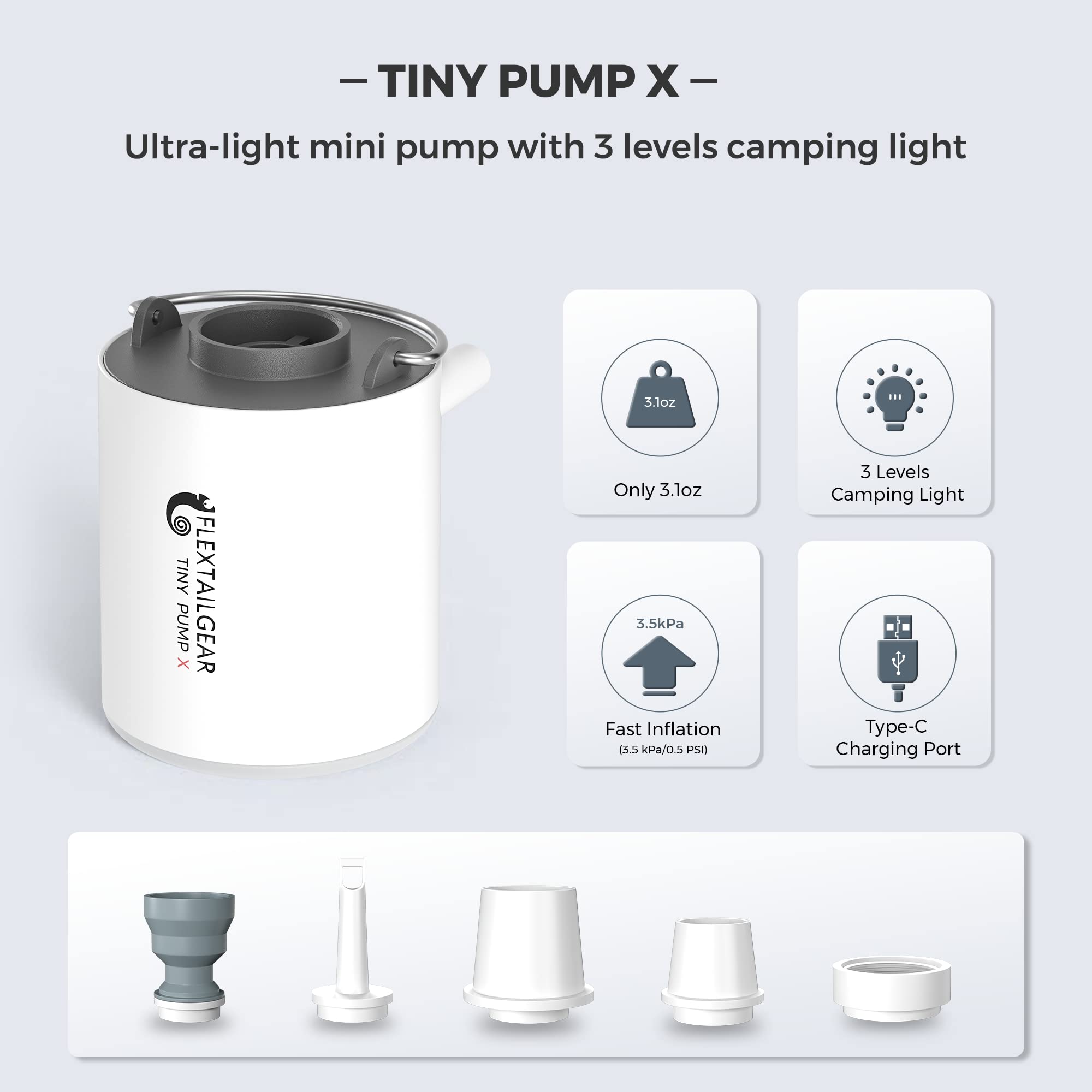 FLEXTAILGEAR Tiny Pump X - Ultra-Portable USB Rechargeable Air Pump with 1300mAh Battery & Built-in Camping Light | Perfect for Inflating Sleeping Pads, Pool Floats, Air Beds, Mattresses, Swimming Rings | Ideal for Camping, Travel, Beach Trips & Outdoor Adventures (Grey - X)