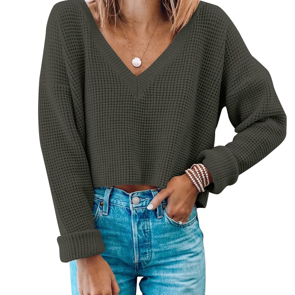 Jumppmile Women's V-Neck Waffle Knit Cropped Top - Long Sleeve Pullover Crop Sweater for Fall & Winter | Casual Outfit, Layering, Office Wear