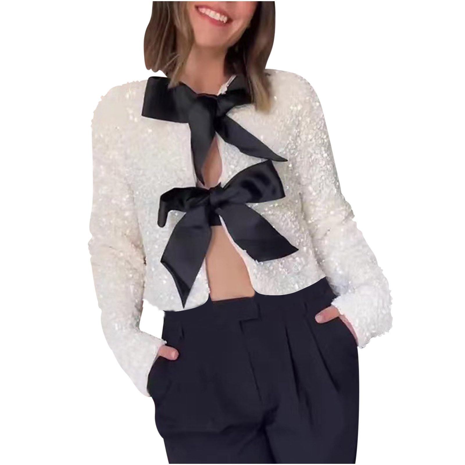 Sexy Cutout Sequin Cropped Top for Women - Glitter Bow Tie Velvet Shirt | Y2K Streetwear Party Outfit | Perfect for Clubbing, Date Night & Festivals