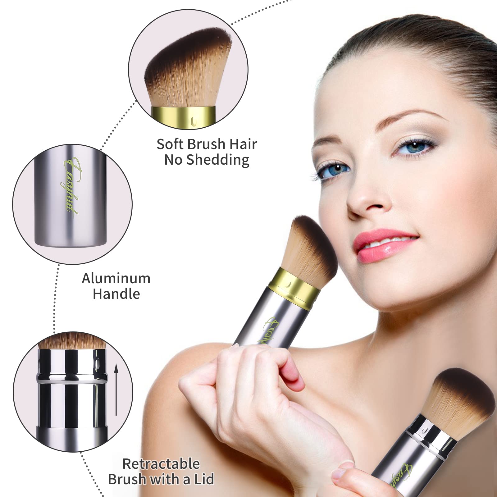 Retractable Kabuki Makeup Brush Set - 2 Pcs Flat & Angled Top Blush & Powder Brushes for Liquid, Cream & Cosmetics - Travel Friendly Makeup Tools (Silver Green) - Perfect for On-the-Go Touch Ups & Professional Makeup Application
