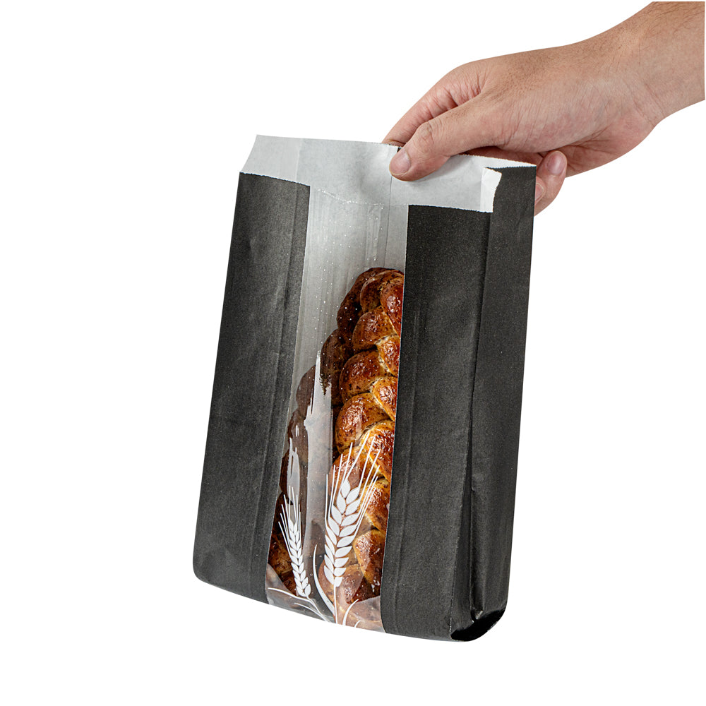Eco-Friendly Black Paper Bread Bags - Micro Perforated, Greaseproof, Wheat Pattern (6x2.75x10 Inches) - 100 Count Box - Perfect for Bakery, Sandwich Shop & Food Packaging
