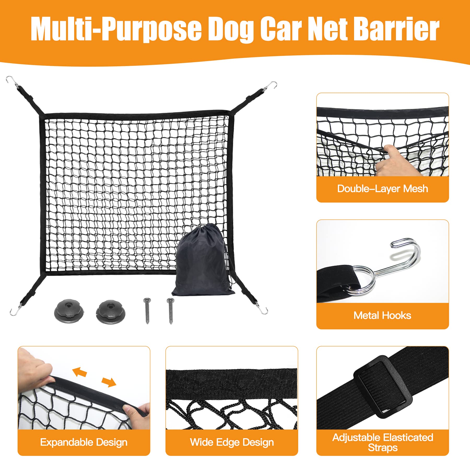 Dual Layer Pet Barrier for SUV - Adjustable Dog Car Net with Bungee Cords (35.43