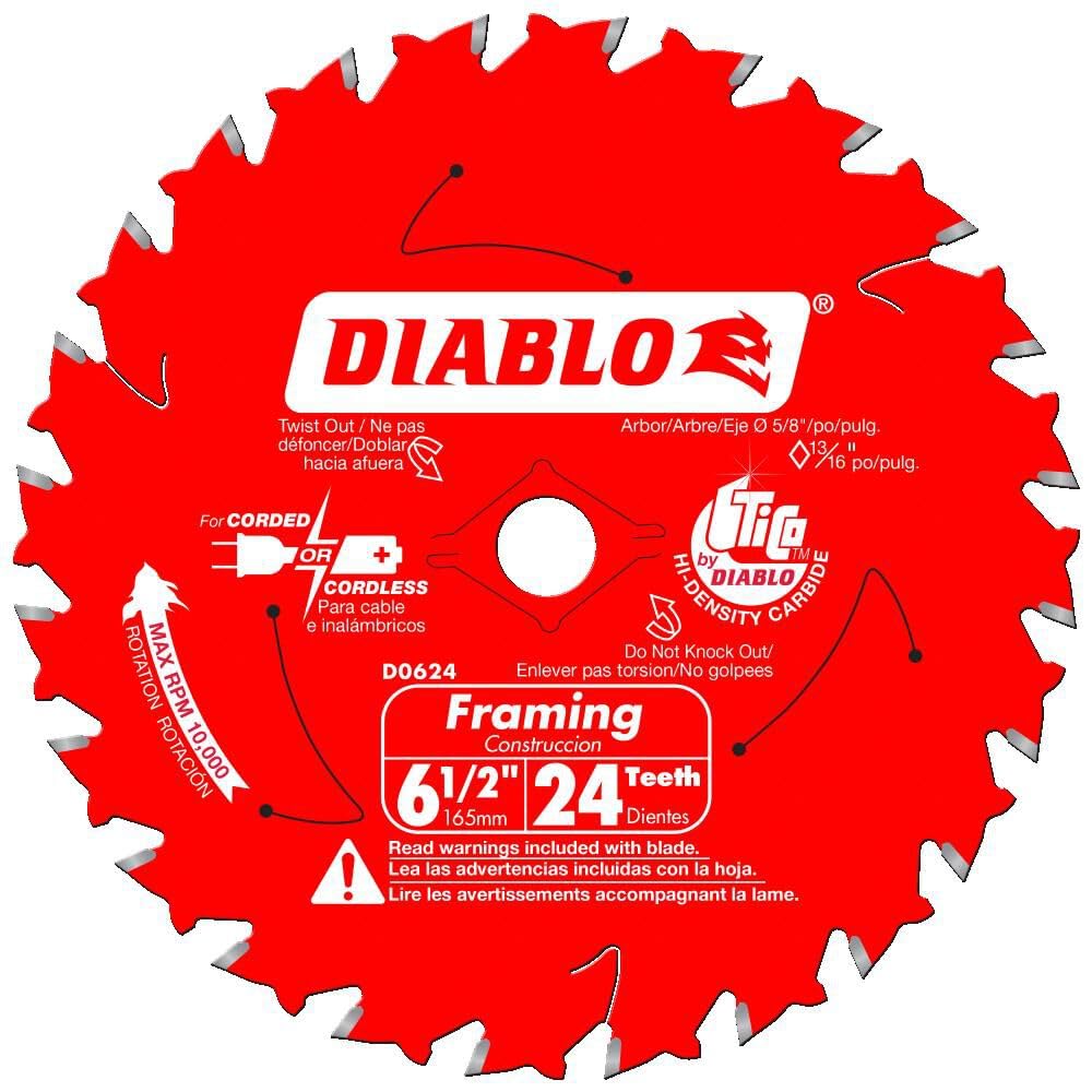 Diablo D0624A 6.5-Inch 24-Tooth Framing Saw Blade for Wood Cutting - Perfect for Framing, Deck Building, and DIY Woodworking Projects