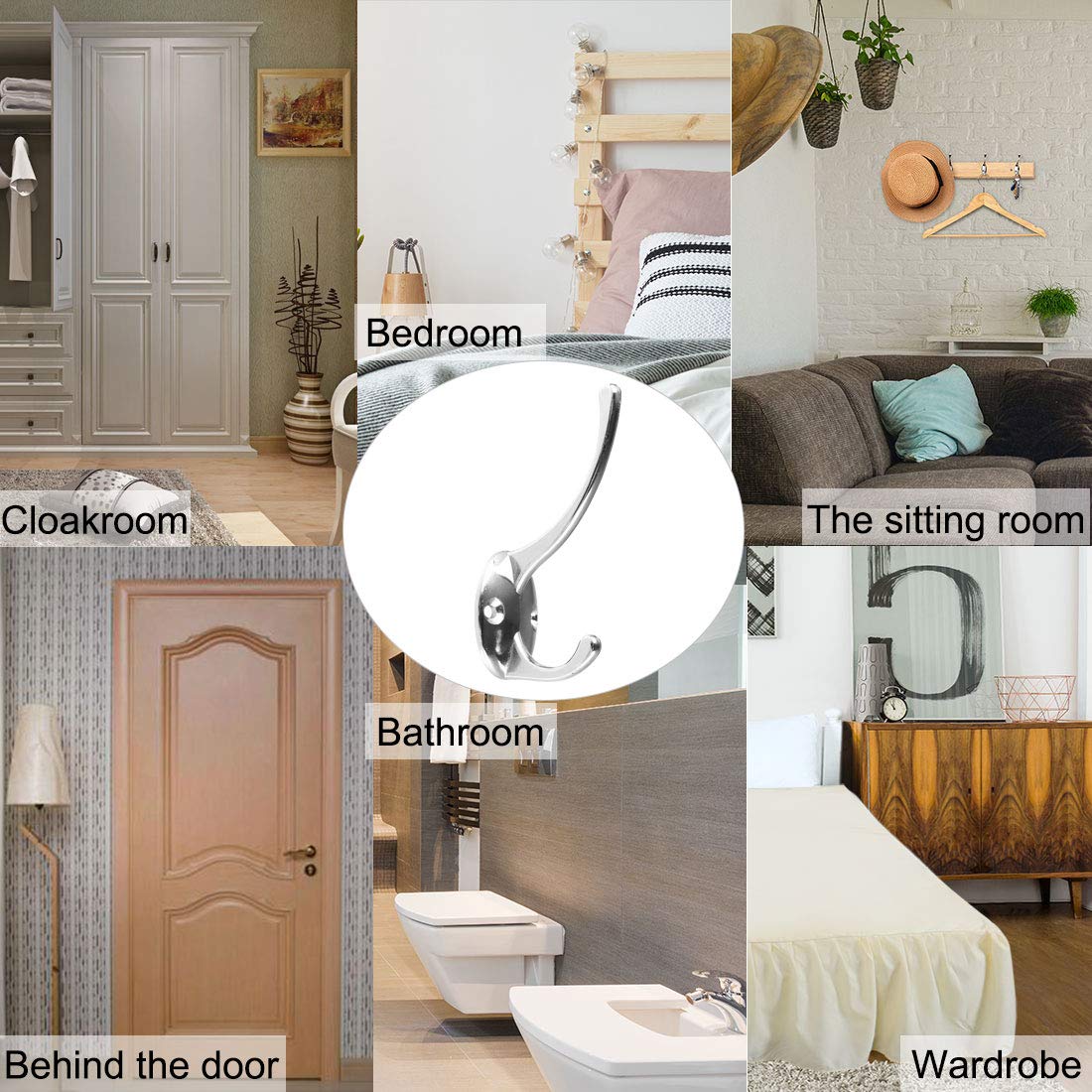 Dual Metal Robe Hooks - Wall Mounted Coat & Towel Hanger with Screws for Bathroom & Bedroom
