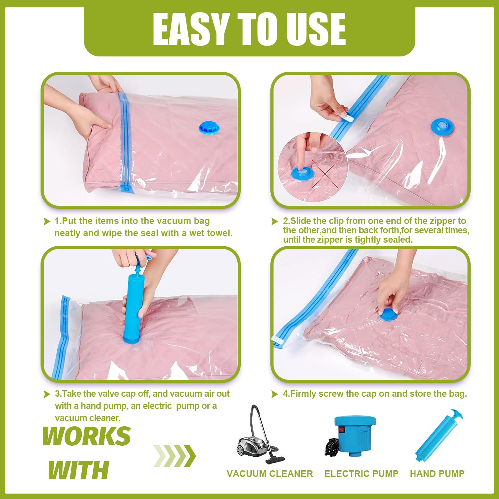 7-Pack Jumbo Vacuum Storage Space Saver Bags | Compressed Sealer Bags for Clothes, Comforters, Beddings & Blankets | Includes Hand Pump | Perfect for Seasonal Storage, Travel & Home Organization