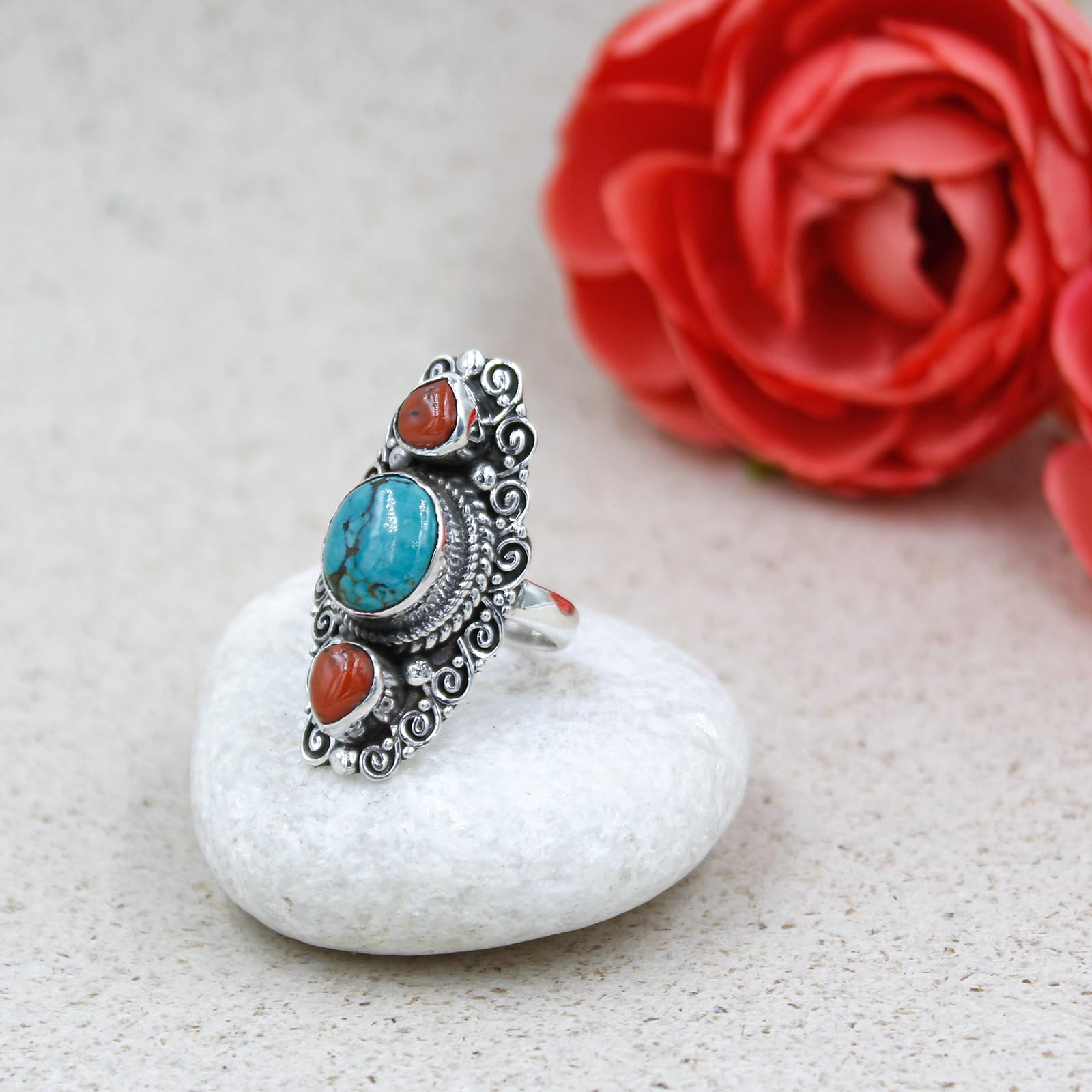 925 Sterling Silver Ring for Men & Women - Turquoise Coral Gemstone Handmade Ethnic Filigree Fashion Jewelry - Perfect Gift for Birthdays, Anniversaries & Special Occasions - Size 8