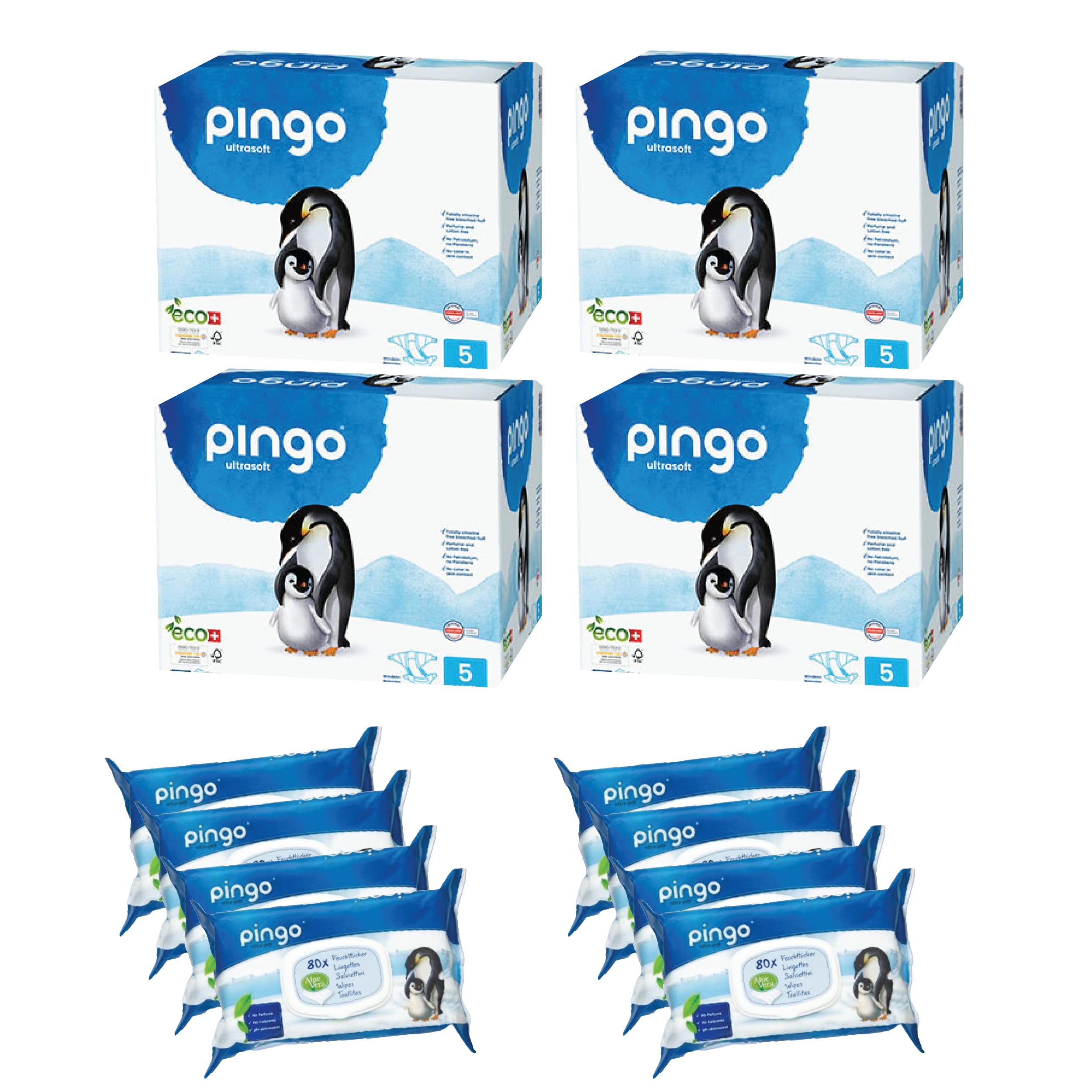 Premium Organic Eco-Friendly Disposable Diapers Size 5 (24-55 lbs) - 4 Pack Jumbo Box (288 Count) with 8 Packs of Biodegradable Wipes (640 Total) - 2 Month Supply | Gentle for Sensitive Skin, Perfect for Daycare & Overnight Use (PINGOX5-4)