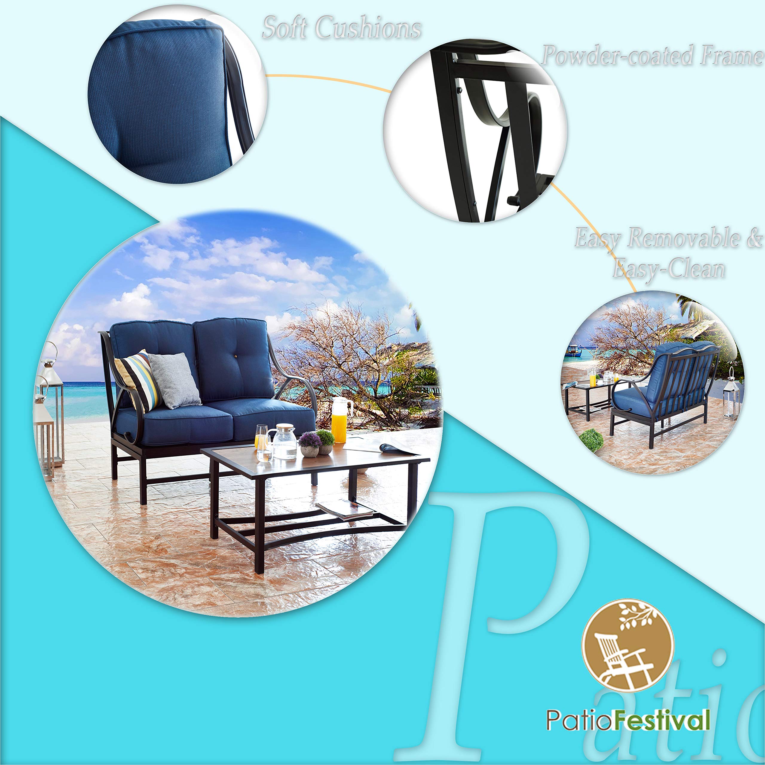 Modern Outdoor Loveseat Set with Coffee Table - 2-Piece Patio Furniture with Cushions, Metal Frame & Aluminum-Plastic Table - Perfect for Front Porch, Garden, Poolside & Backyard Relaxation (Blue)