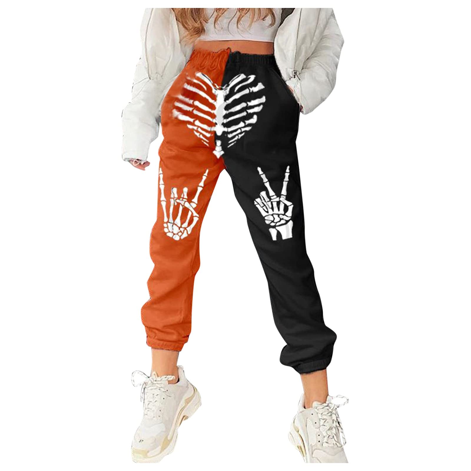 Stylish Oversize Print Halloween Striped Pants for Women - Pumpkin Design, Work & Casual Wear in White | Perfect for Office, Parties & Everyday Outfits