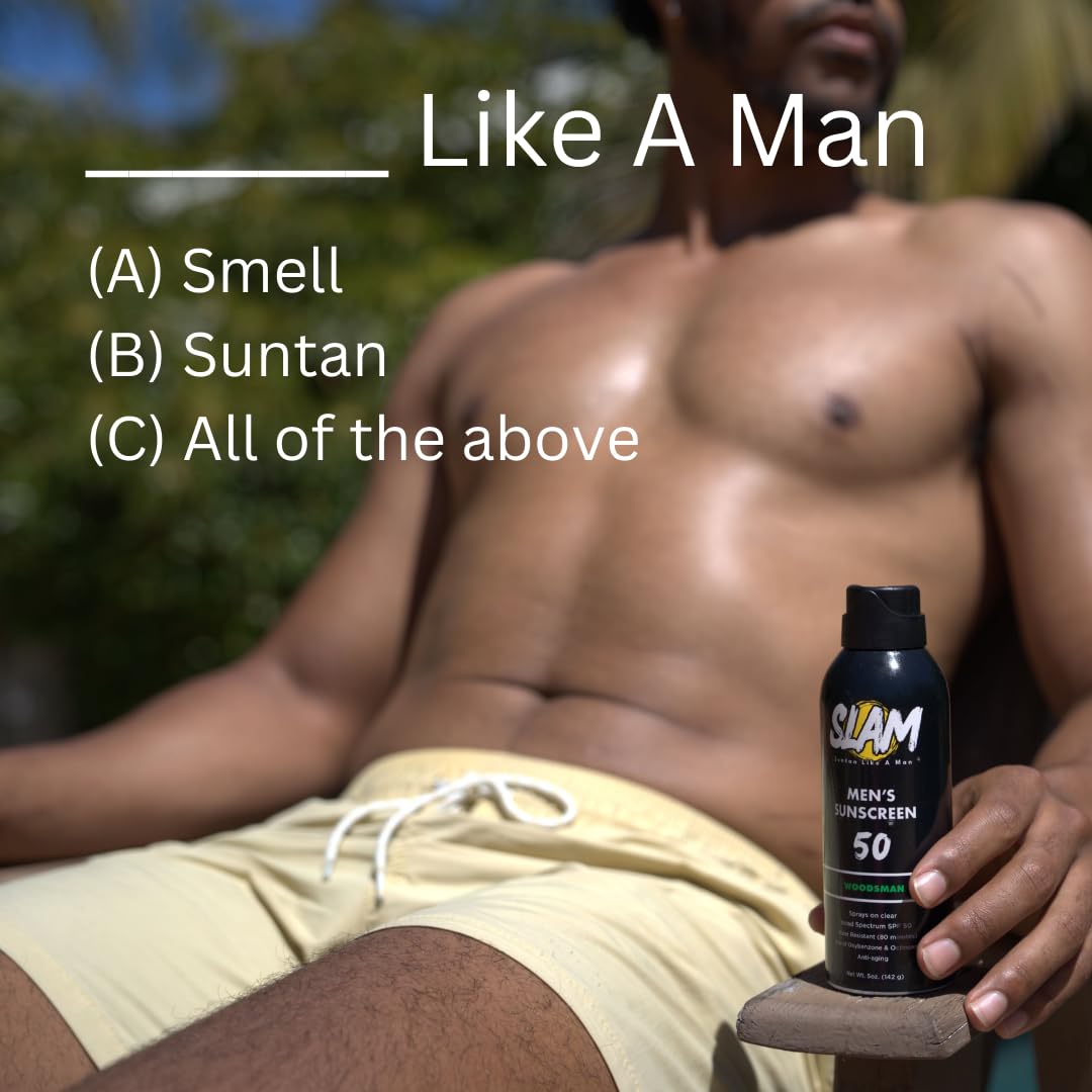 SLAM WoodsMan Men's Scented Sunscreen Spray SPF 50 - Broad Spectrum Waterproof Sunscreen for Face & Body, Sweat Resistant UVA/UVB Protection Sunblock Spray | Perfect for Outdoor Activities, Hiking, Beach & Sports
