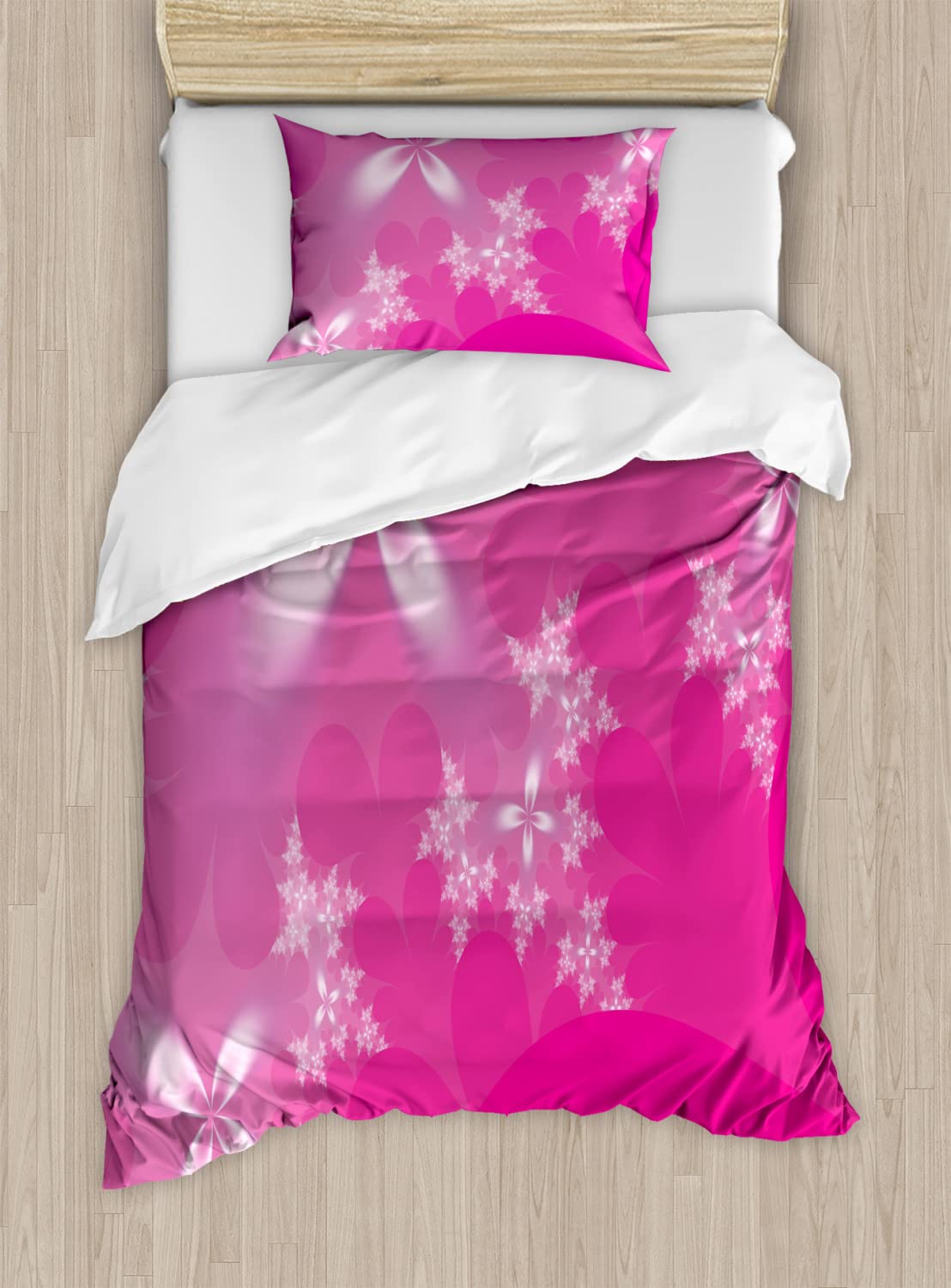 Ambesonne Hot Pink Duvet Cover Set - Queen Size 2-Pack with Vibrant Floral Design on Abstract Pink Background | Includes 2 Duvet Covers & 4 Pillowcases | Modern Bedding for Master Bedroom, Guest Room or Dorm Decor