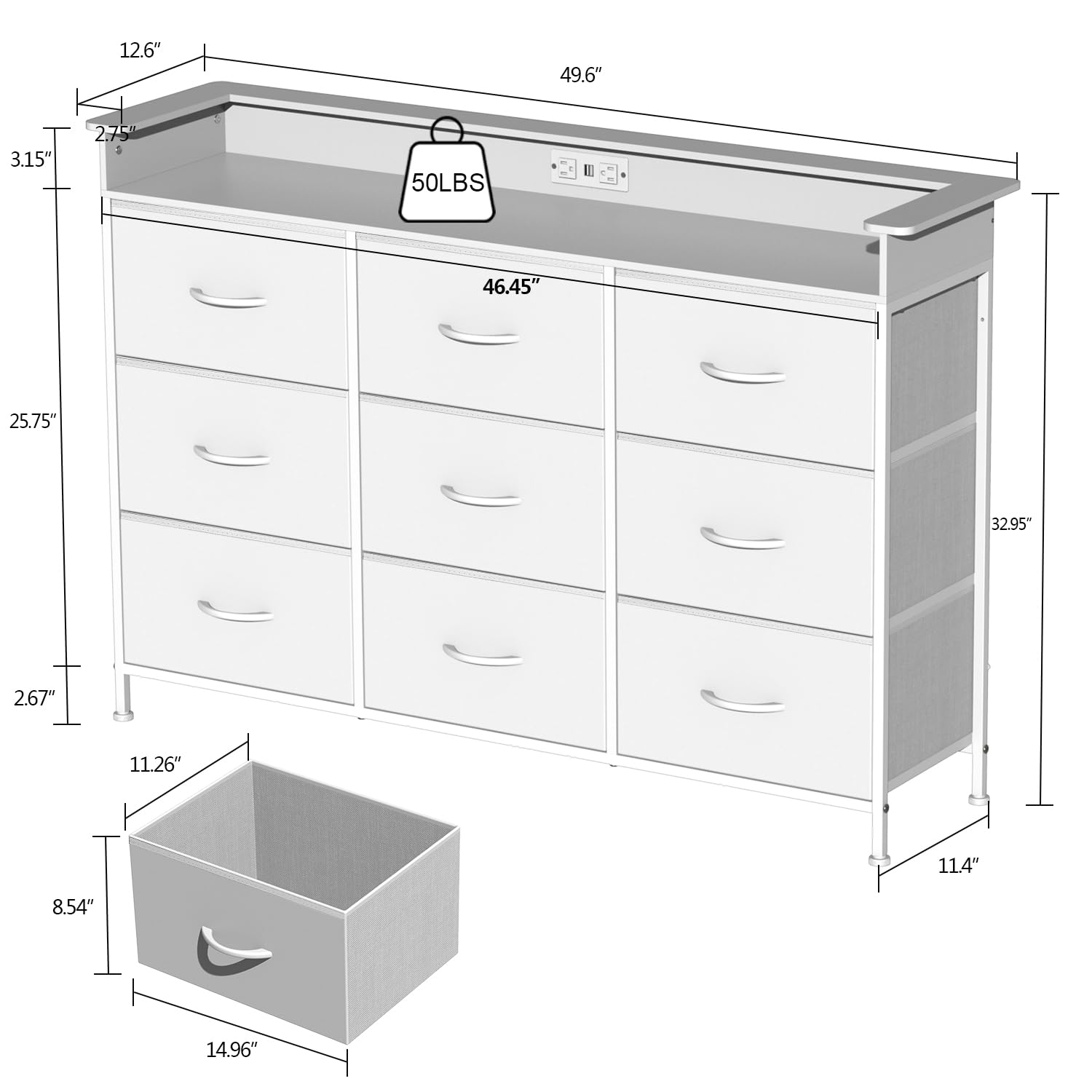 EXOTICA 9-Drawer White Dresser with LED Lights & USB Charging Station - Sturdy Steel Frame & Wooden Top for Bedroom, Entryway, Living Room, Hallway | Easy Pull Handles, Modern Storage Solution for Clothes & Accessories