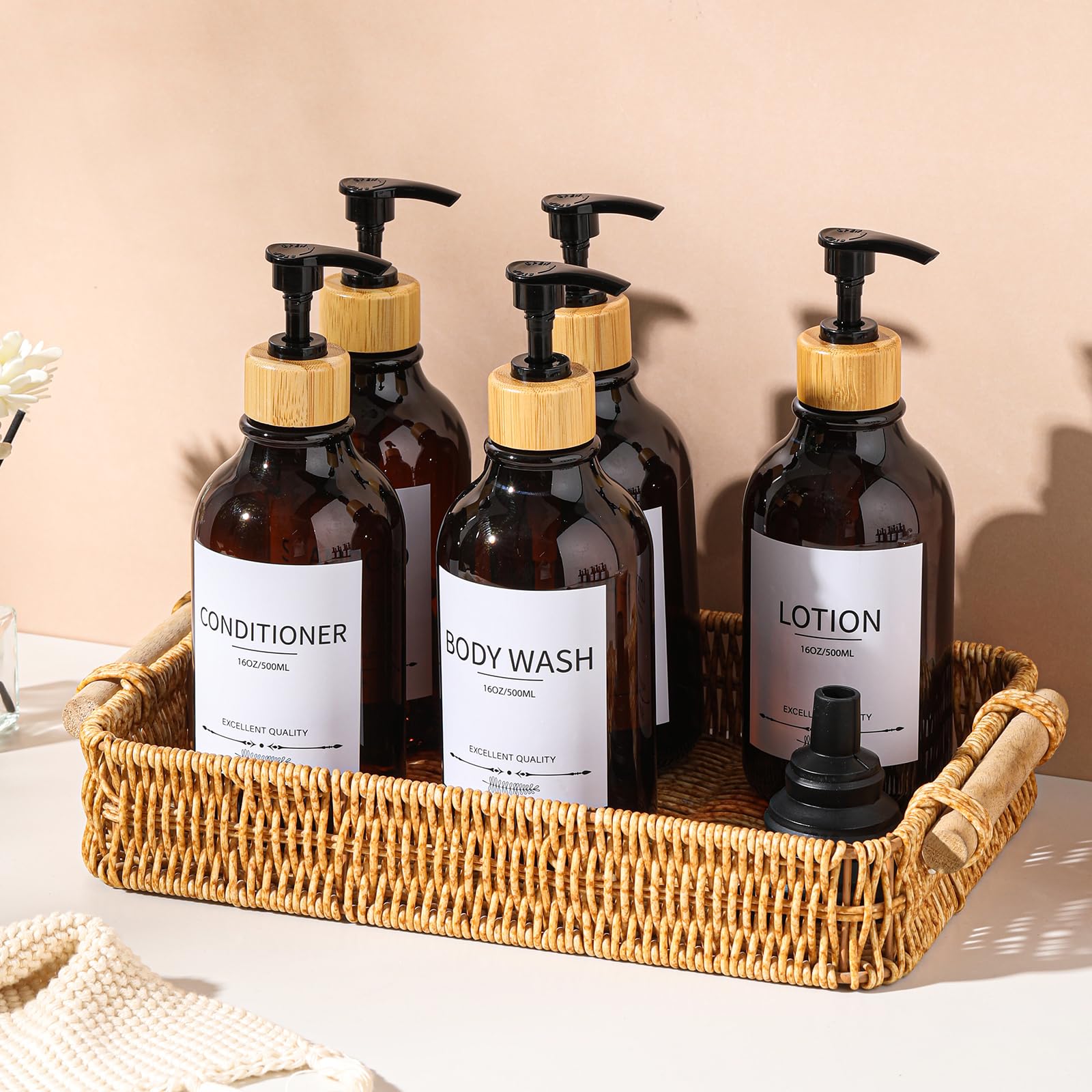 5-Pack Refillable Shampoo & Conditioner Dispenser Set - 16.9oz Amber Pump Bottles for Shower, Travel & Gym - Leakproof Bathroom Organizer for Hair Care Products