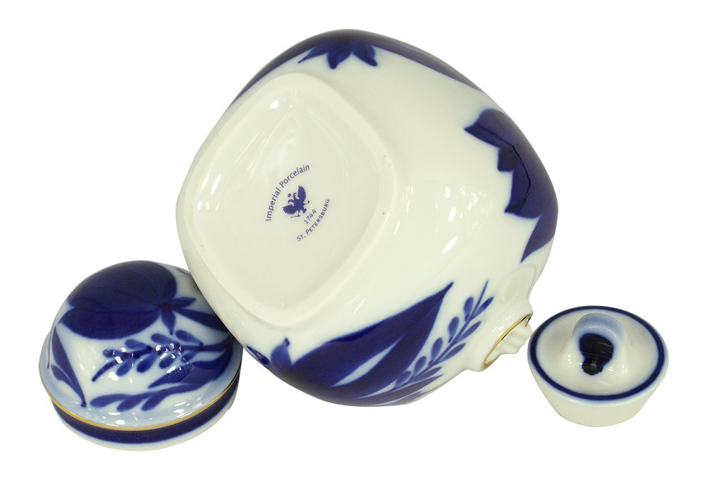 Lomonosov Porcelain Tea Caddy with Cobalt Bell Design - Premium Russian Tea Storage Container for Loose Leaf Tea & Herbs - Perfect for Tea Lovers, Home Decor & Gift Giving