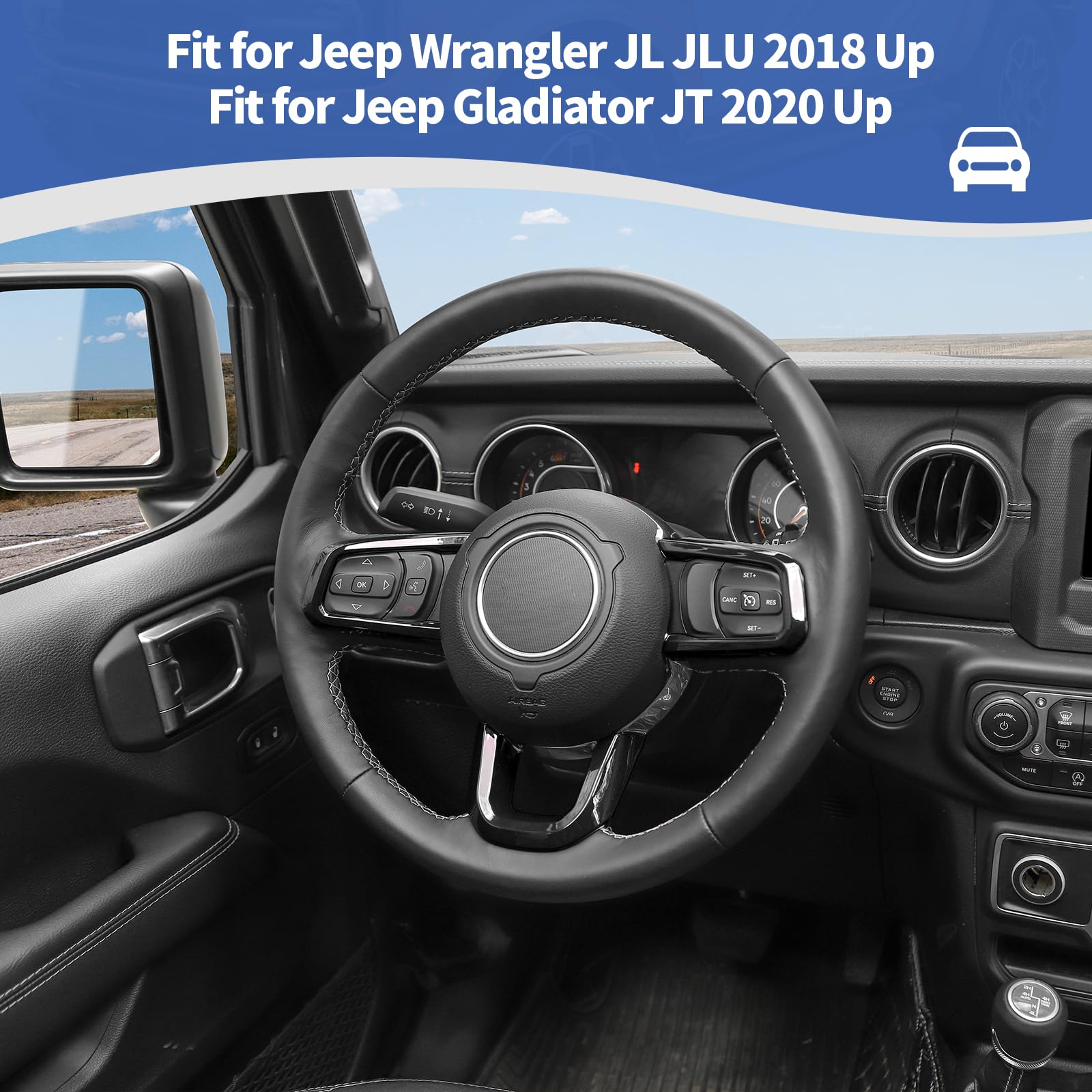 RT-TCZ Black Steering Wheel Trim Decal Panel for Jeep Wrangler JL JLU & Gladiator JT (2018-2024) - Interior Accessories Kit (3pcs) - Upgrade Your Ride's Style & Protection
