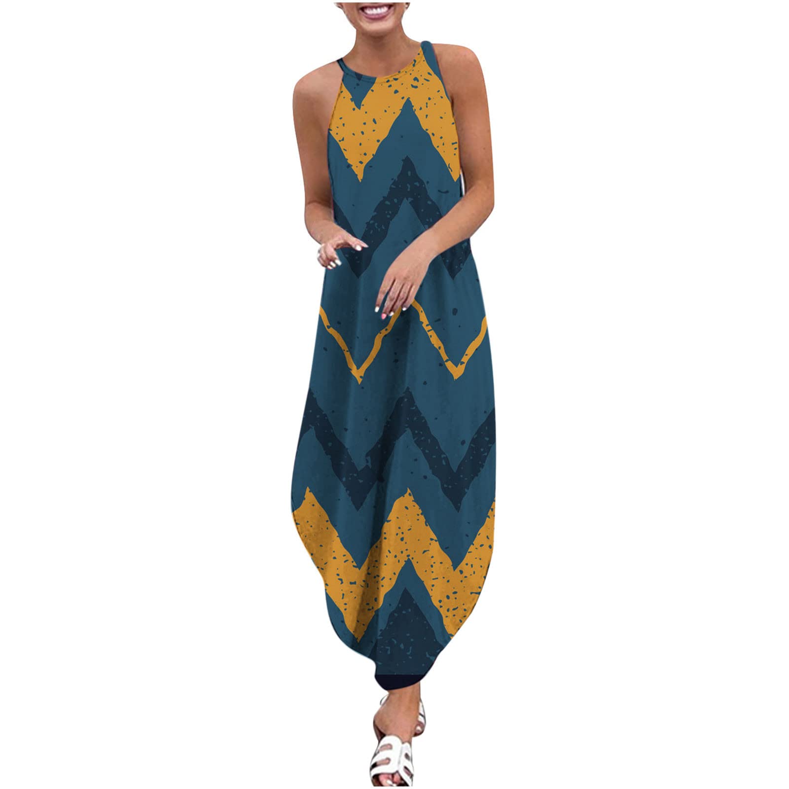 SCKARLE Women's Plus Size Striped Halter Sundress - Sleeveless Long Summer Shift Dress for Beach, Vacation & Casual Outings