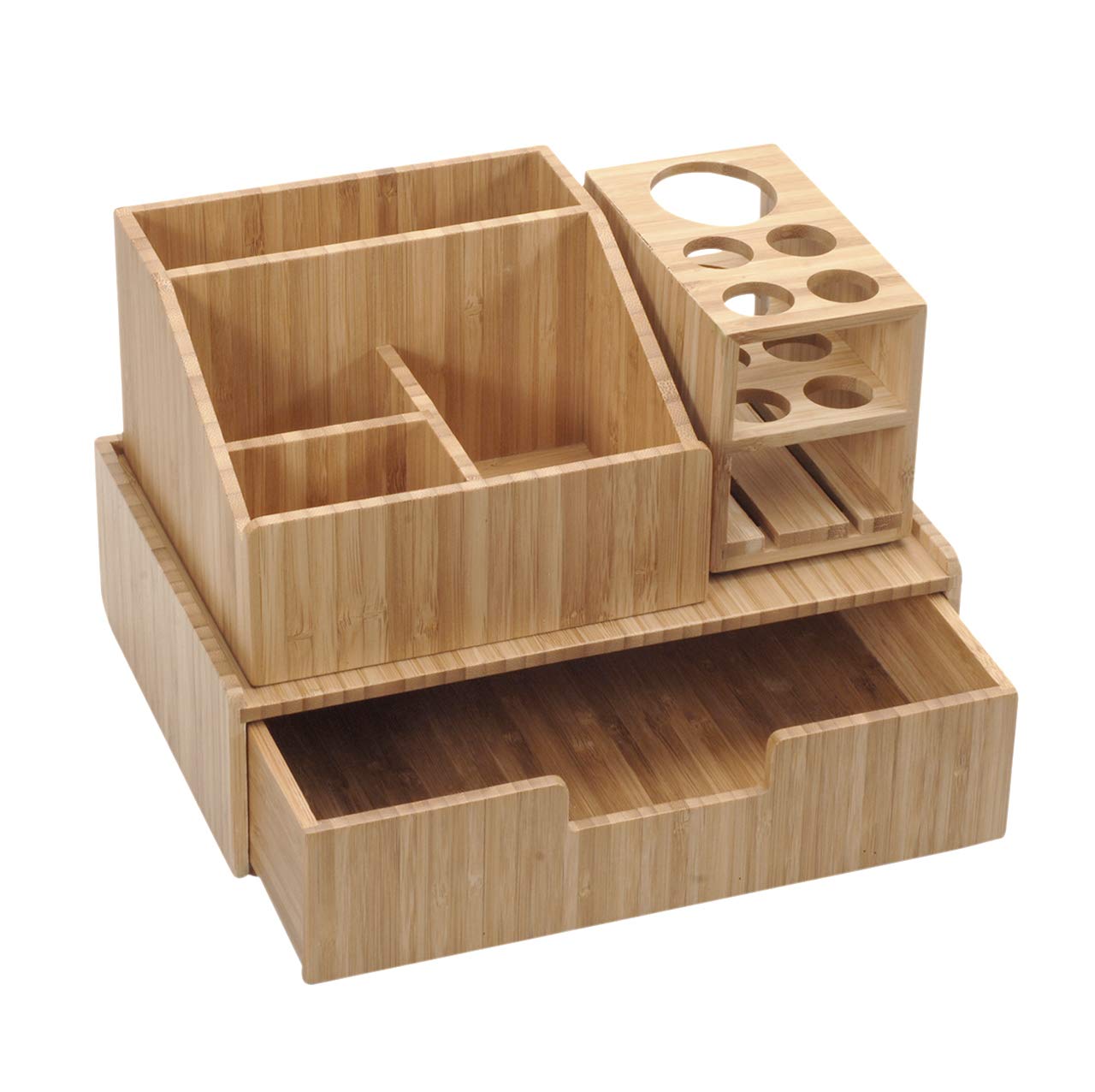 MobileVision Bamboo Makeup Organizer 3-Piece Set - 5-Section Brush Holder, 4-Compartment Cosmetic Caddy & Storage Drawer | Perfect for Vanity, Bathroom Counter & Travel Organization