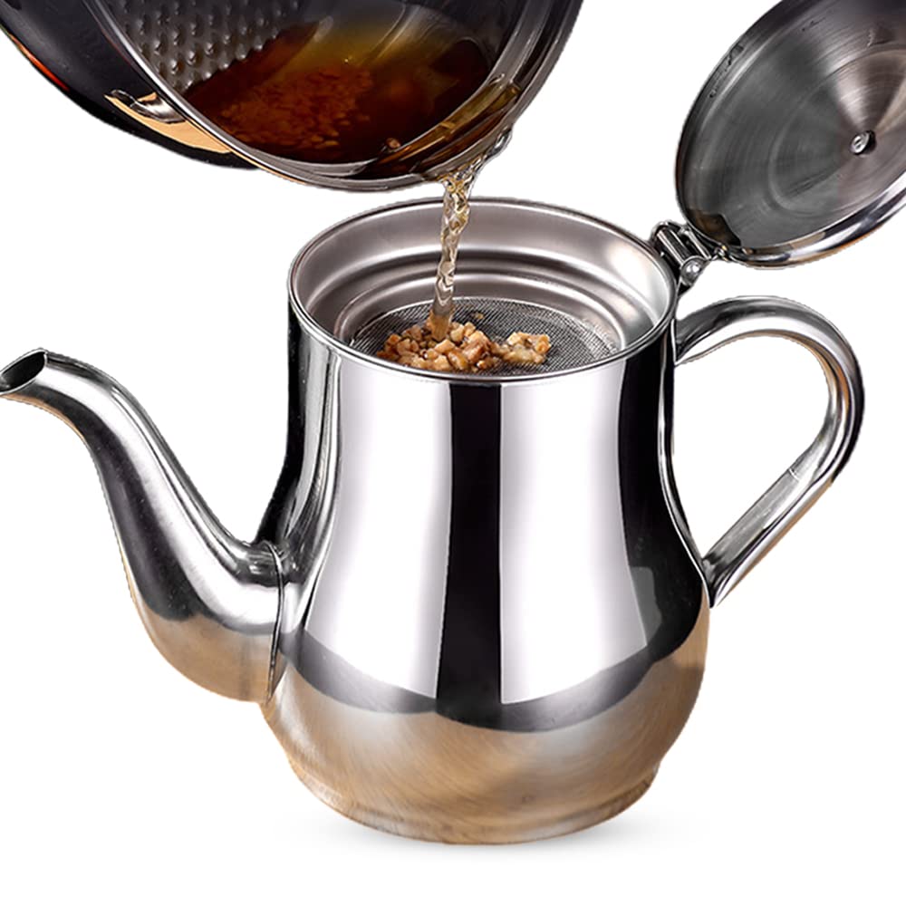 Premium Stainless Steel Oil Filter Pot with Removable Strainer - 48oz Kitchen Oil Dispenser & Tea Pot for Home Use | Durable Oil Storage Container & Strainer for Cooking, Frying & Tea Brewing (Silver)