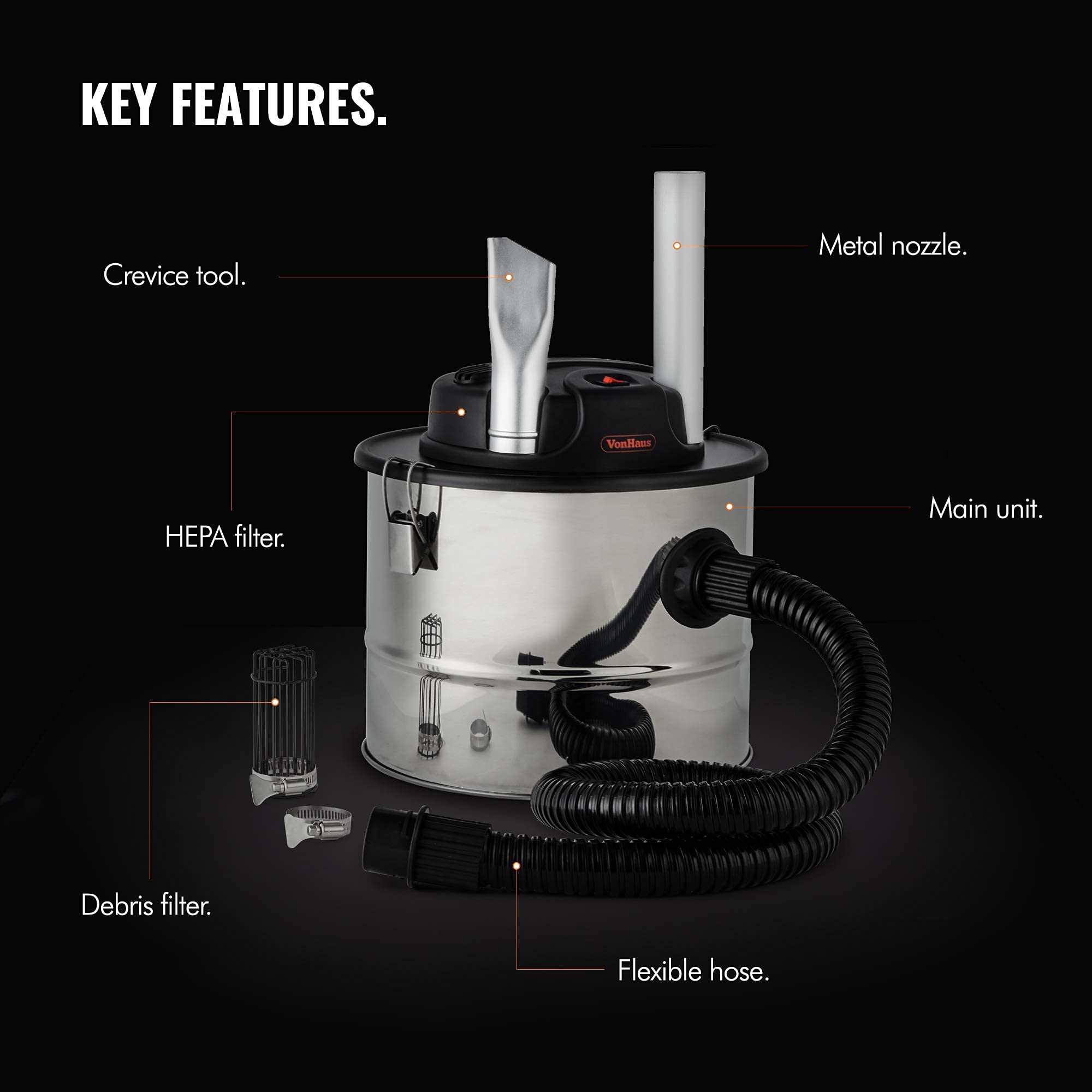 VonHaus 800W 15L Ash Vacuum Cleaner - Powerful Bagless Ash & Dust Collector for Fireplace, Grill, BBQ, Fire Pit, Stove - Ideal for Home, Workshop & Industrial Use - Perfect for Fireplace Cleaning, Chimney Maintenance & Outdoor Cooking Areas