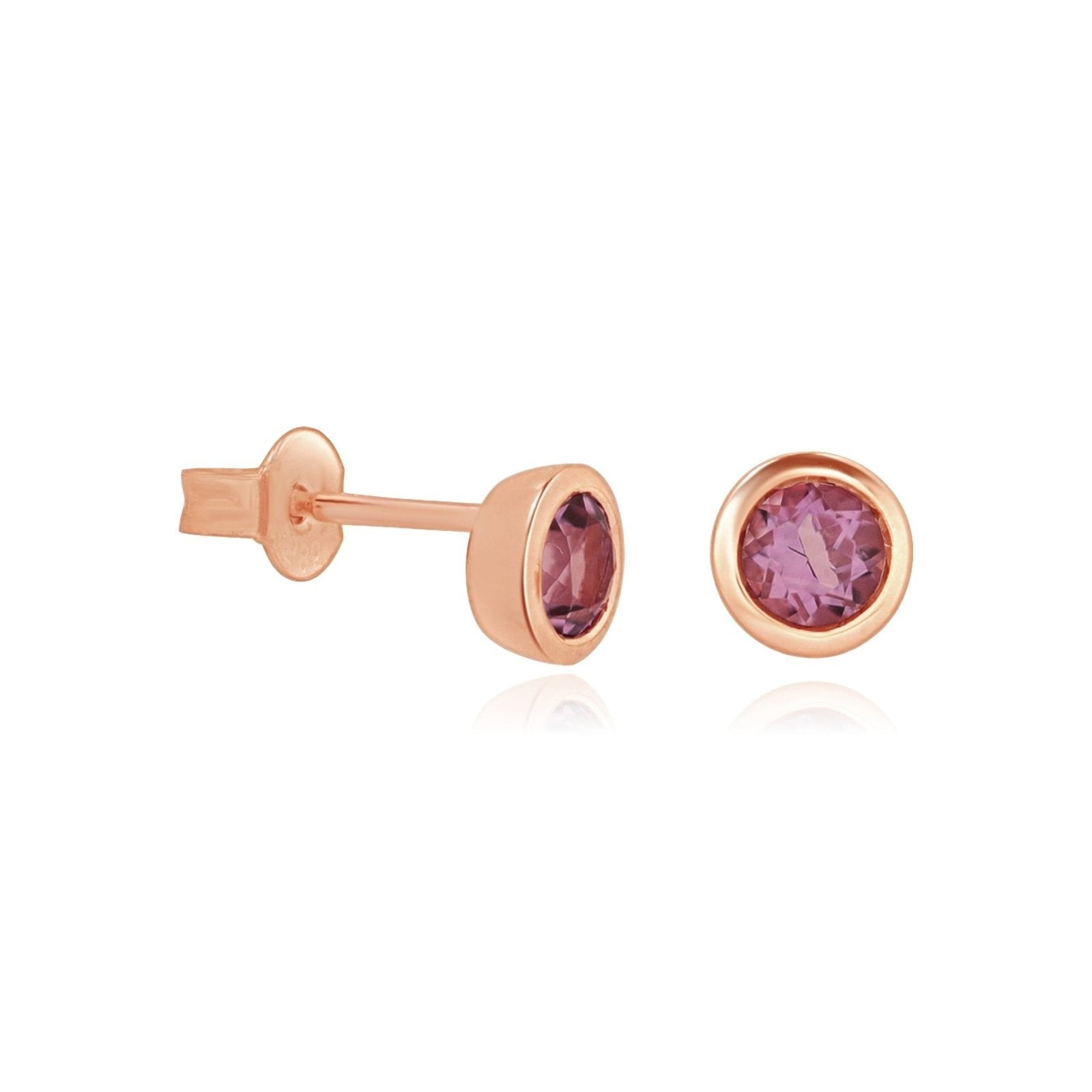 14K Rose Gold Round Amethyst Stud Earrings - Bezel Set Gemstone Jewelry for Women, Gift for Her, Birthday, Anniversary, Valentine's Day