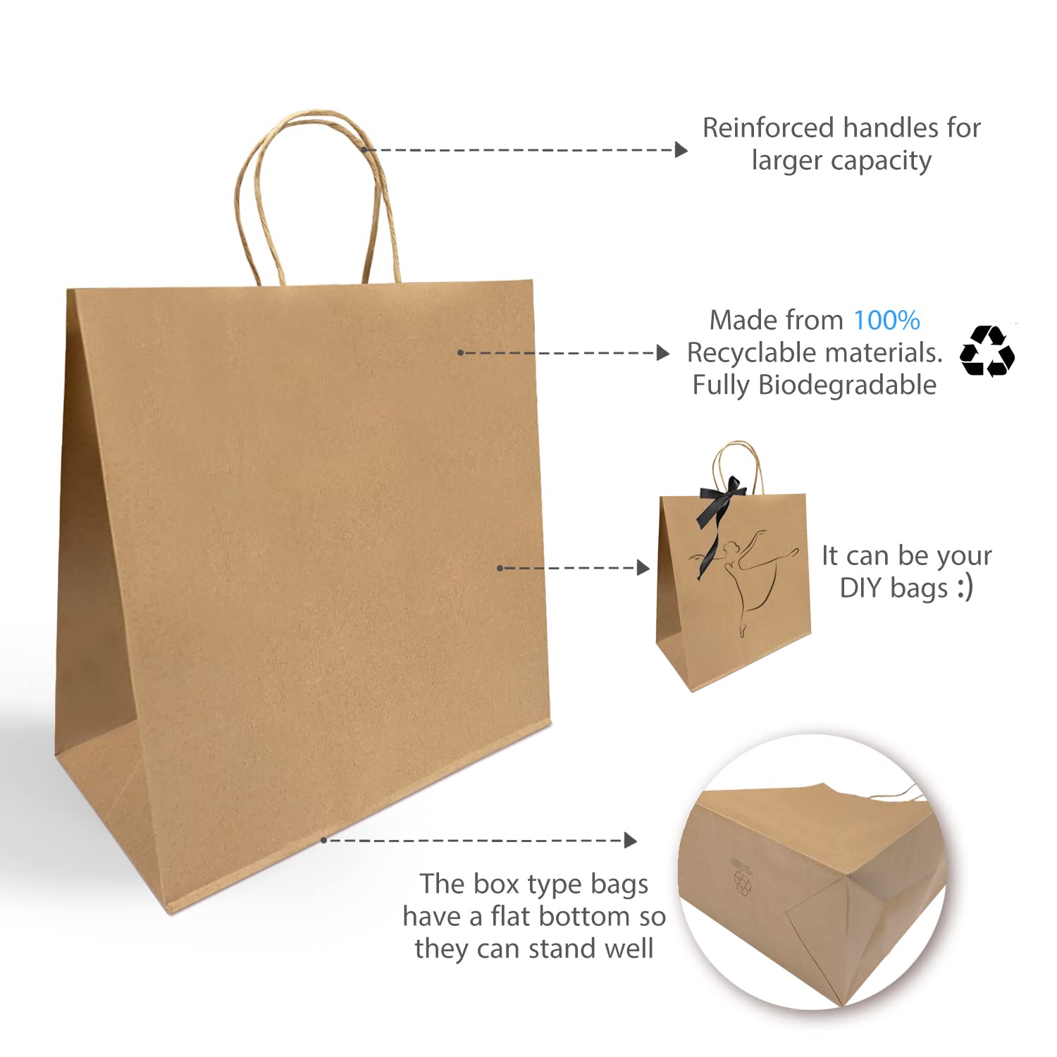 Eco-Friendly Kraft Paper Bags with Handles - 250 Pack (13x7x13 Inches) | Reusable Gift, Shopping, Party & Retail Bags | Sustainable Packaging for Gifts, Events & Stores | Perfect for Weddings, Birthday Parties & Eco-Conscious Retailers