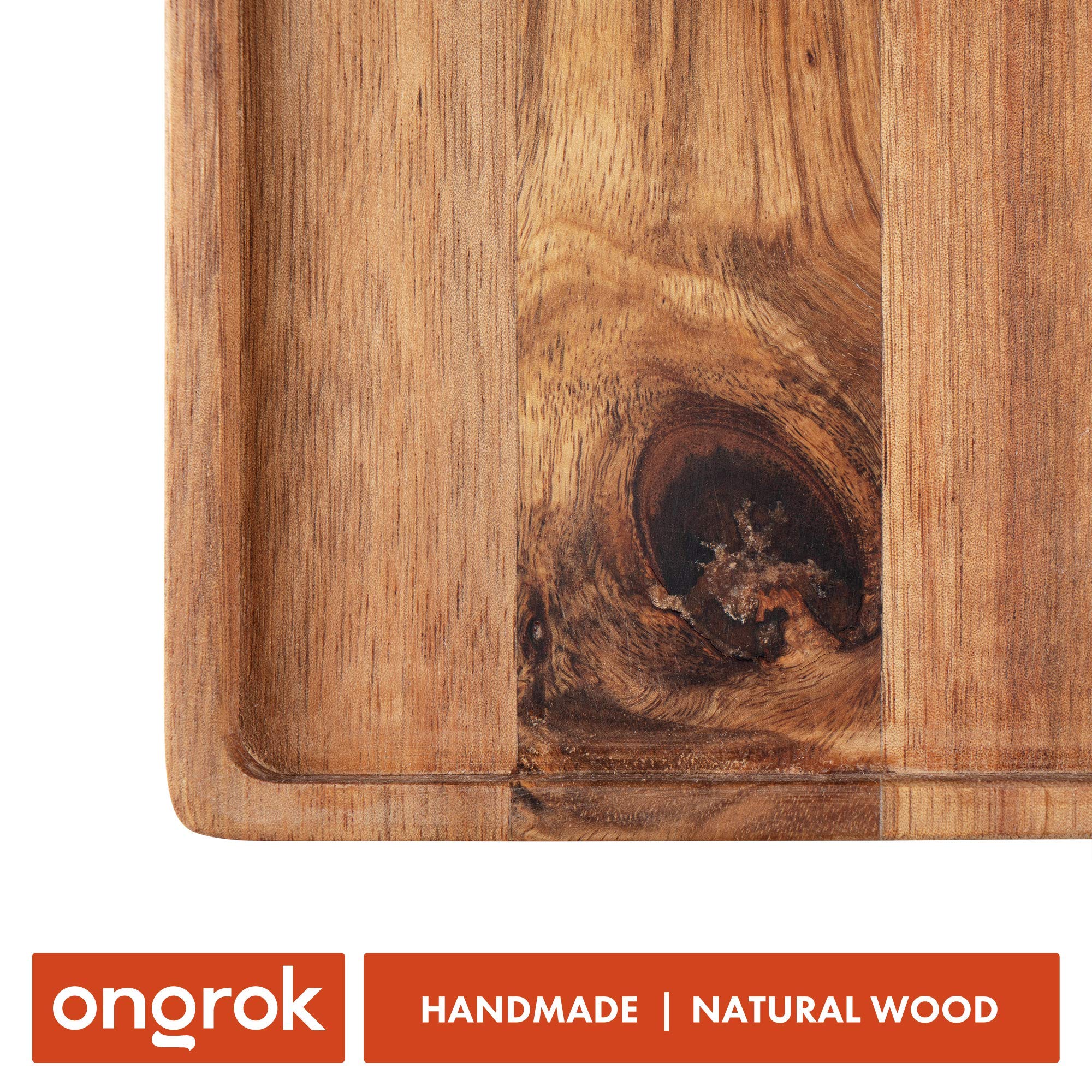 ONGROK Natural Acacia Wood Serving Tray - Handmade Sustainable Wooden Tray with Leaf Design, 9.5