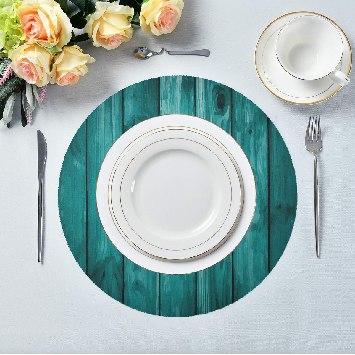 Bolaz Teal Round Placemats Set of 4 - Heat Resistant Kitchen Dining Table Mats - 15 Inch Gray Green Placemats for Dinner Parties, Holiday Decor & Everyday Use