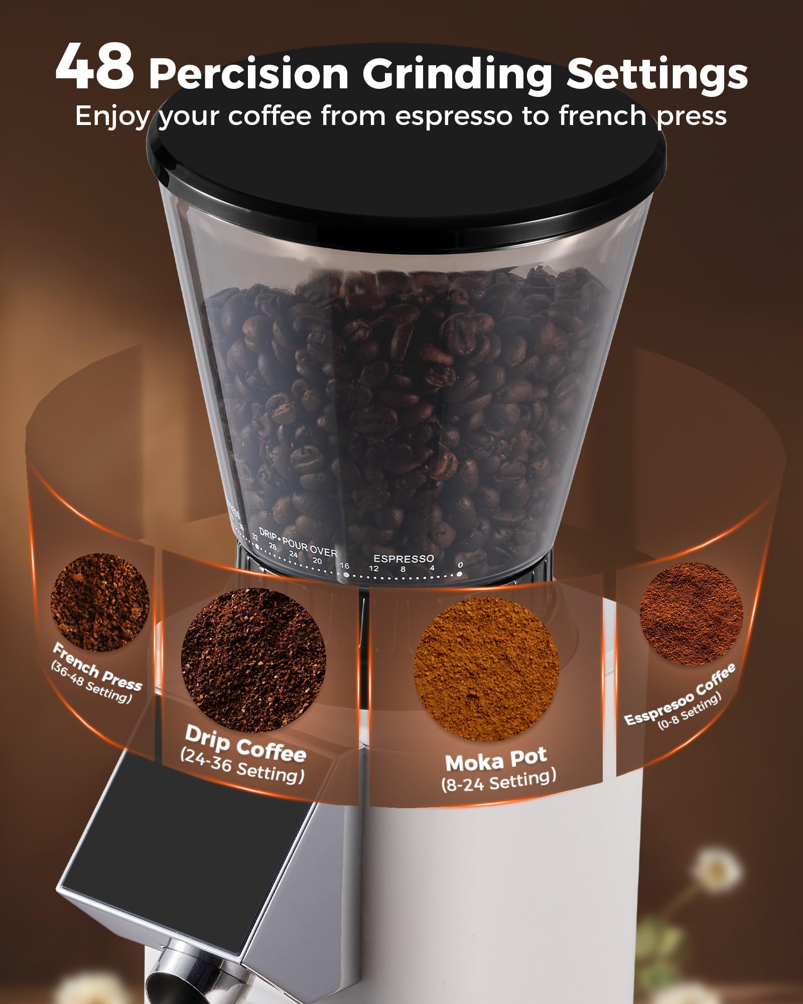 Premium Tuni G1 Conical Burr Coffee Grinder - 48 Adjustable Grind Settings, Anti-Static Technology, Precision Timer & LED Touchscreen - Perfect for Espresso, Drip, Cold Brew & French Press - Stainless Steel & Ivory Design - Ideal for Home Baristas & Coffee Enthusiasts