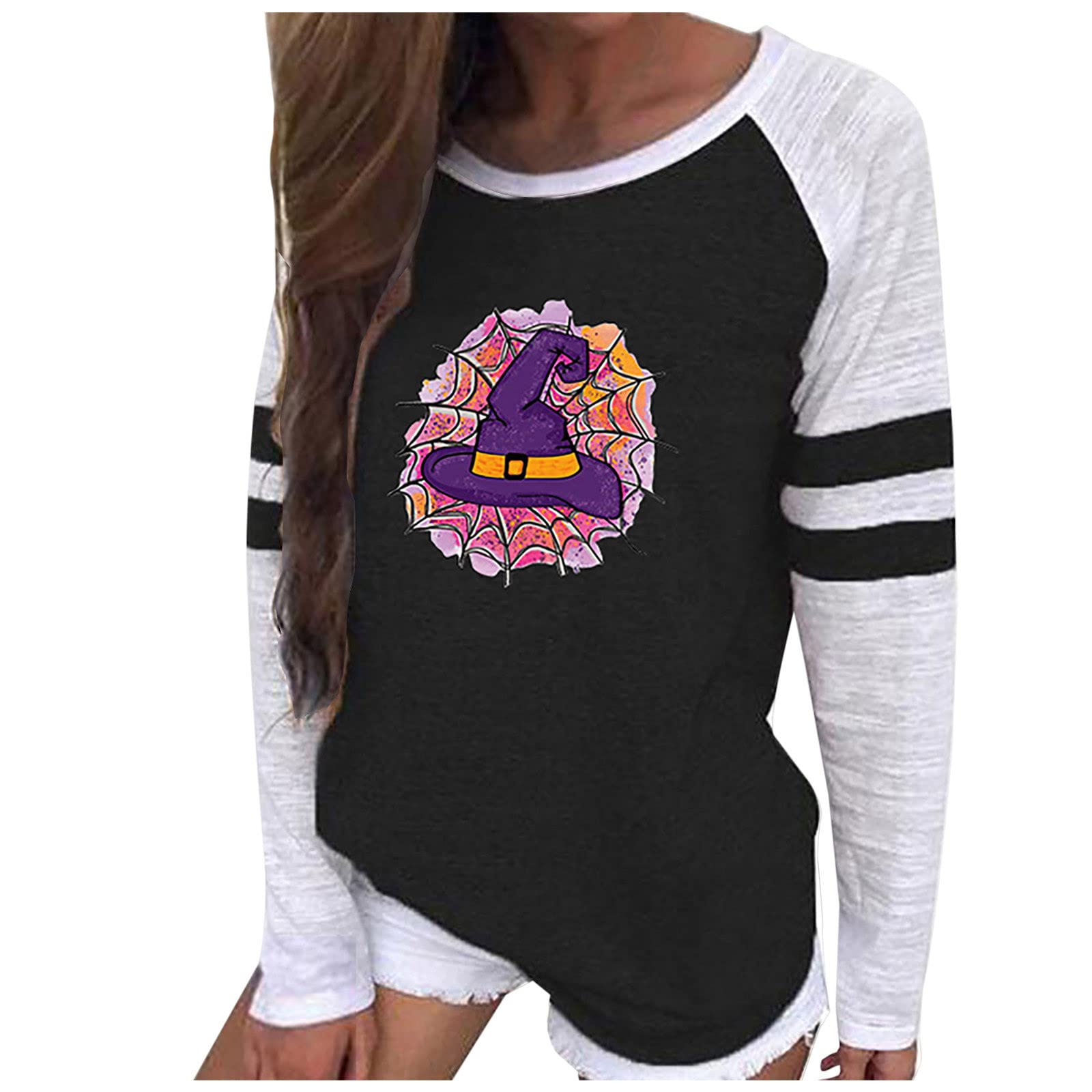 Funny Skull Print Women's Color Block Tunic Tops - Striped Long Sleeve Crew Neck Tees for Halloween & Casual Wear | Gothic Fashion, Party Outfit, Everyday Stylish Pullover Blouse