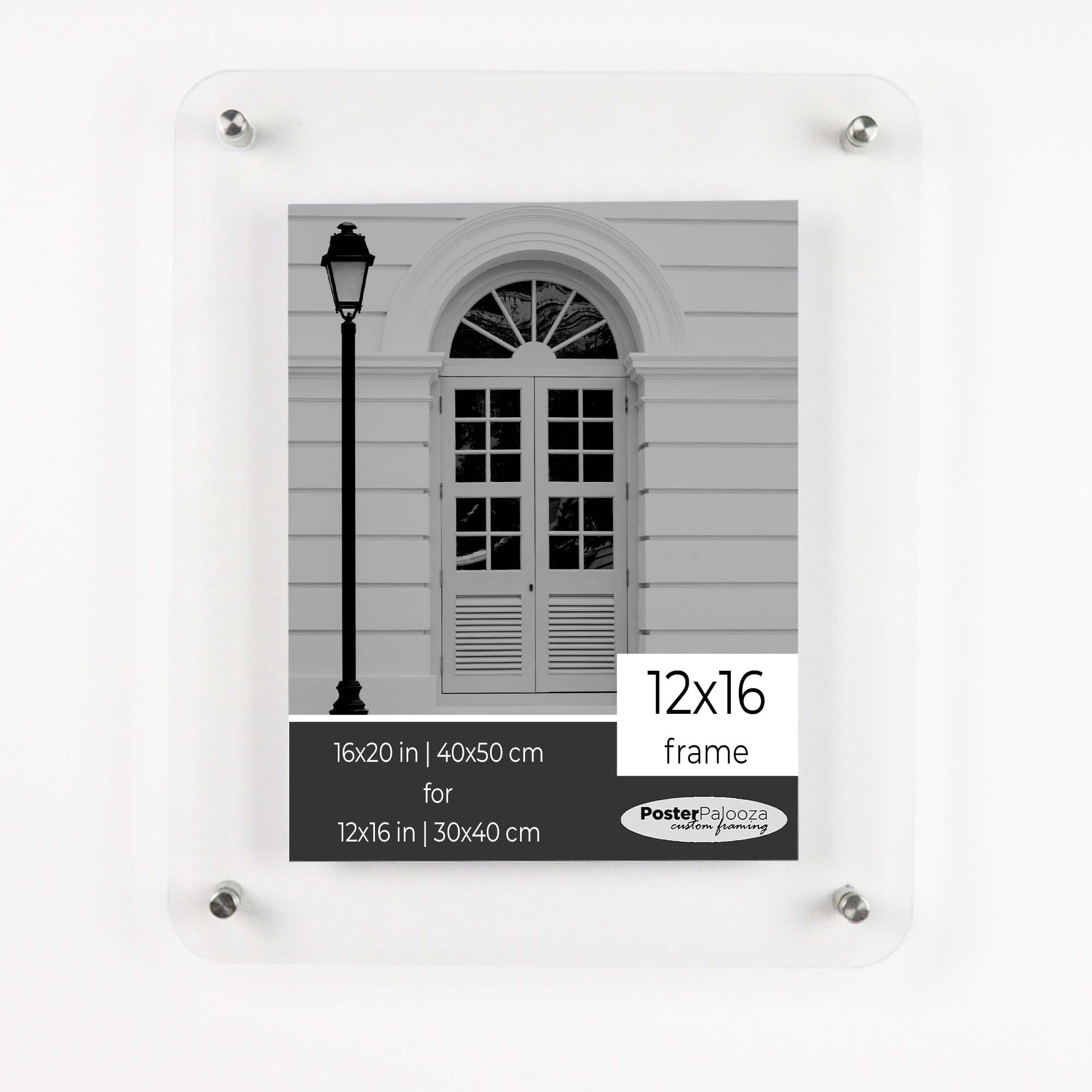 12x16 Floating Acrylic Picture Frame with Silver Standoff Hardware - Clear Frameless Wall Mount Display for Photos & Art (16x20 Overall Size) - Perfect for Home Decor, Office Display, and Gallery Style Presentations