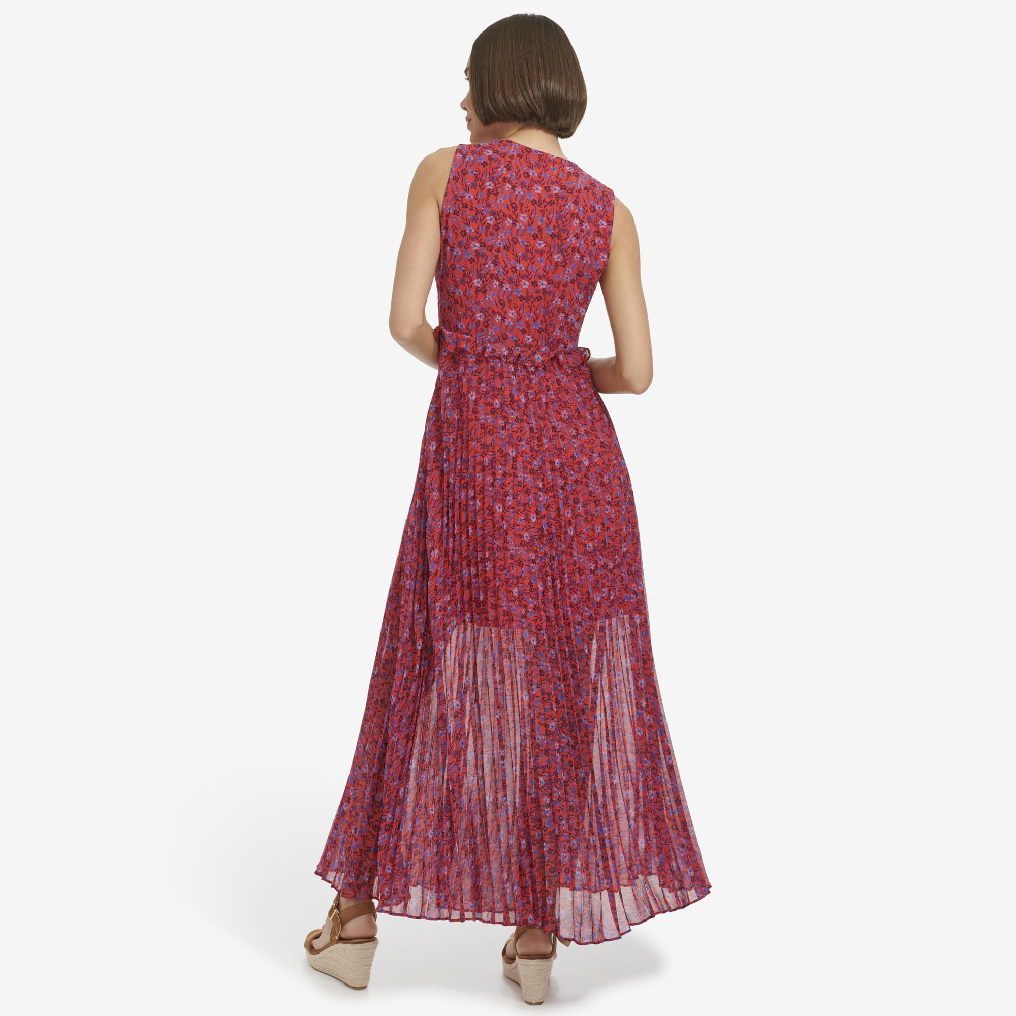 Tommy Hilfiger Women's Sleeveless V-Neck Chiffon Pleated Maxi Dress - Elegant Summer Beach Wedding Party Formal Wear