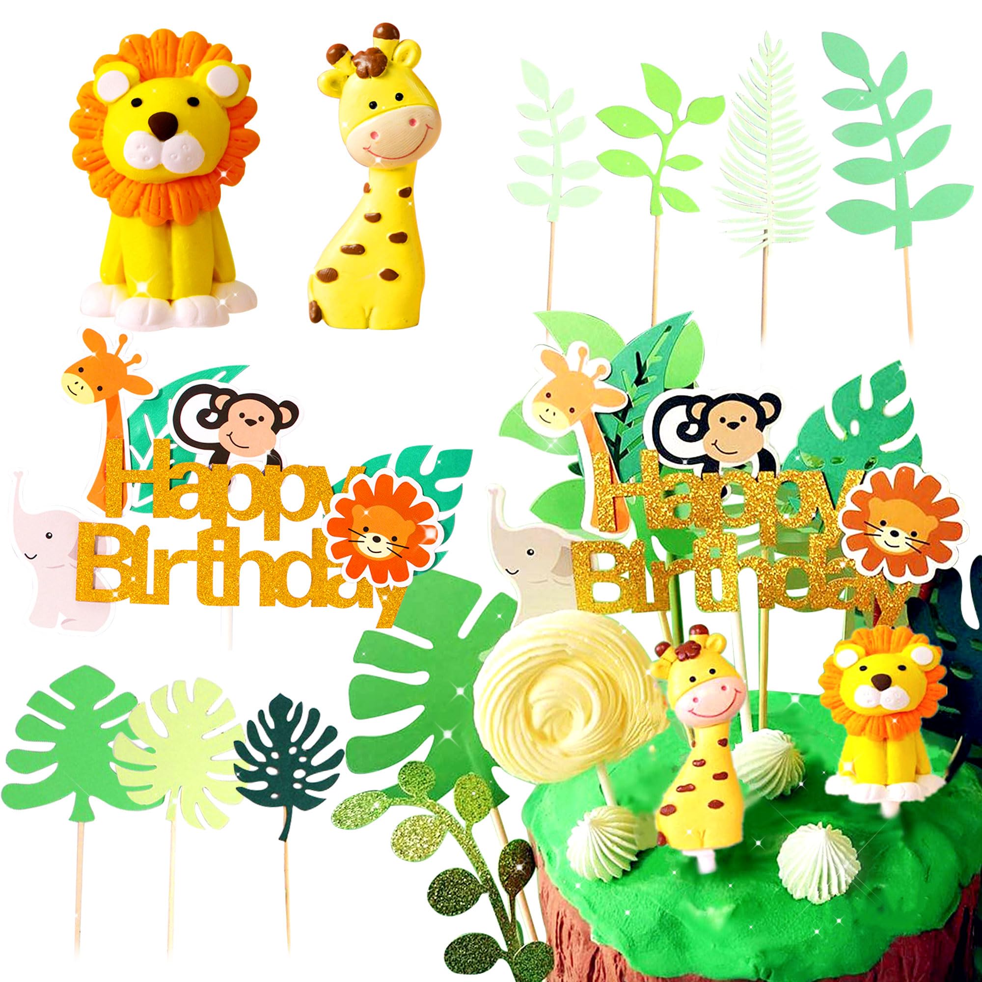 LaVenty Jungle Safari Animal Cake Toppers - 12pcs Edible Cake Decorations for Baby Shower, Birthday Party, Zoo Theme Celebration - Perfect for Jungle Themed Cakes, Cupcakes and Desserts